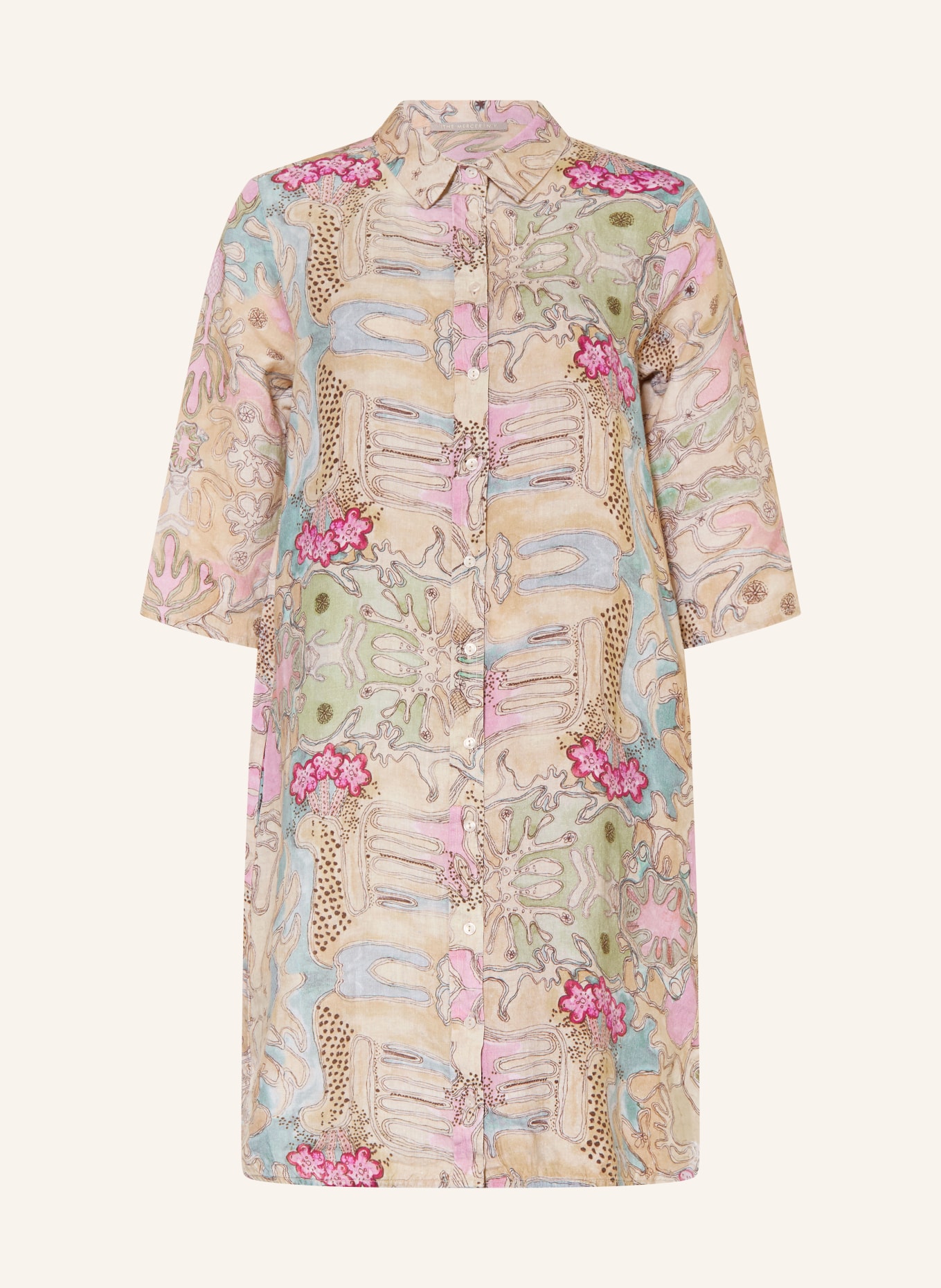 (THE MERCER) N.Y. Linen shirt dress with 3/4 sleeves: BEIGE / PINK / GREEN