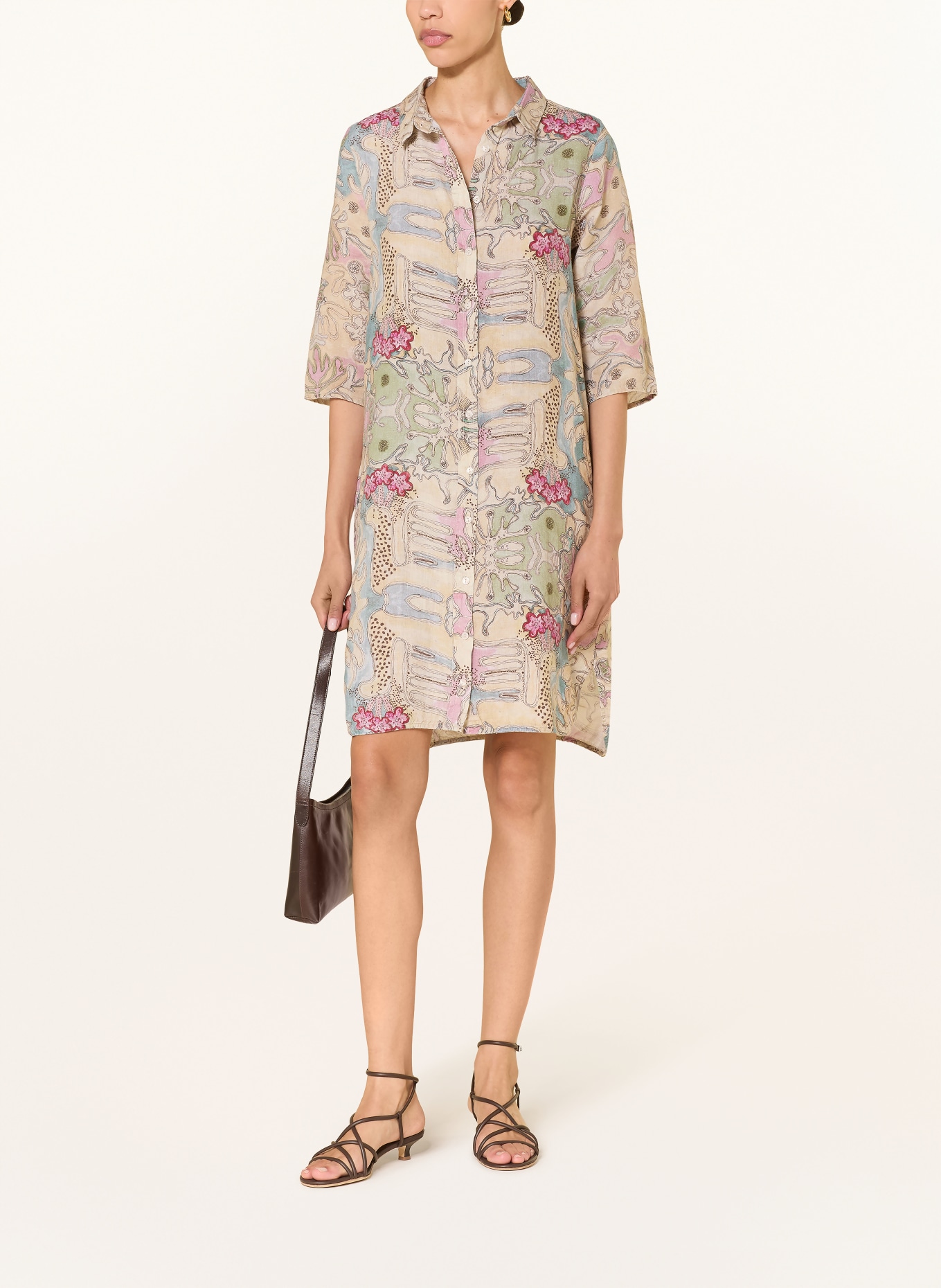 (THE MERCER) N.Y. Linen shirt dress with 3/4 sleeves: BEIGE / PINK / GREEN