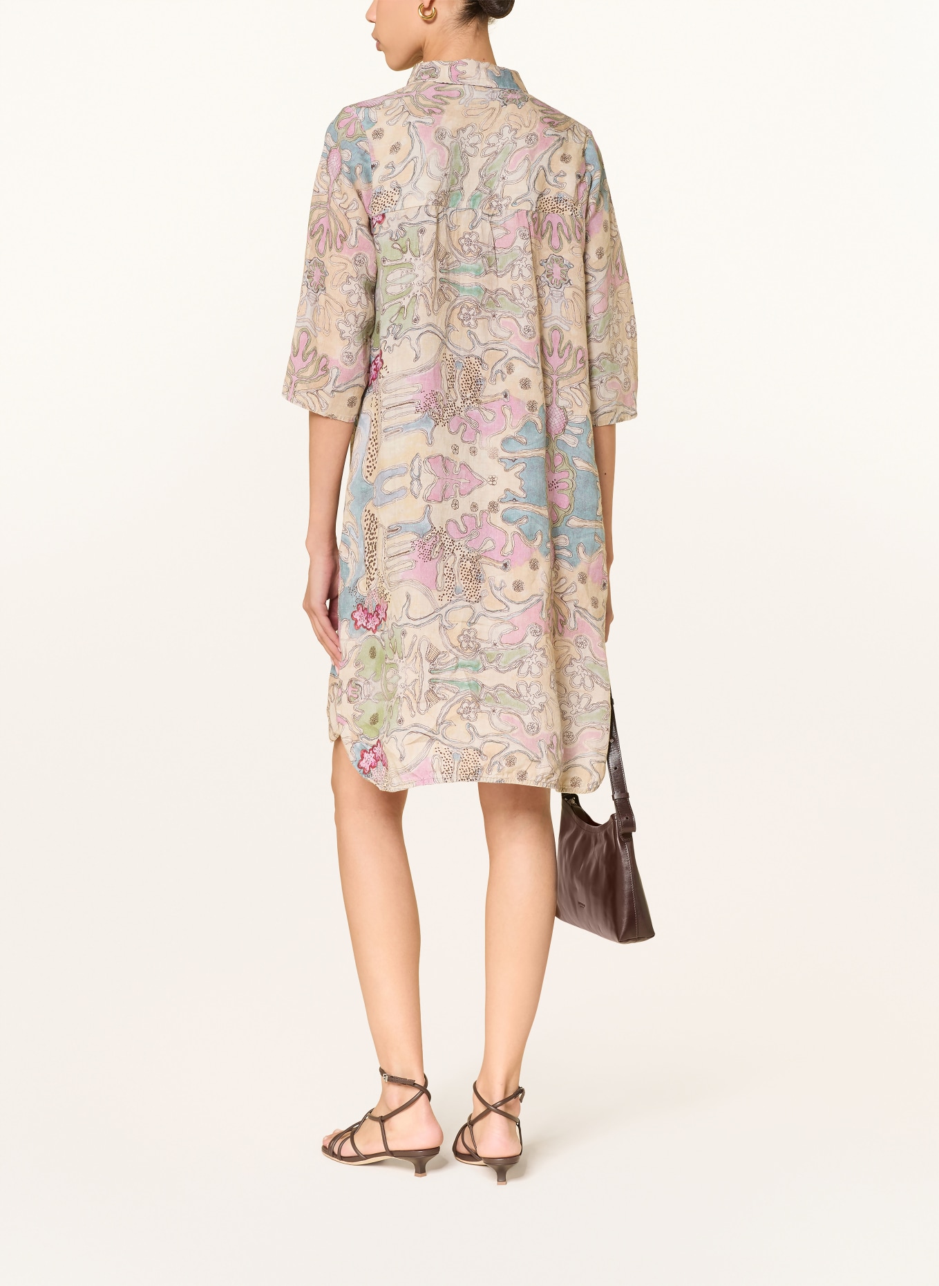 (THE MERCER) N.Y. Linen shirt dress with 3/4 sleeves: BEIGE / PINK / GREEN