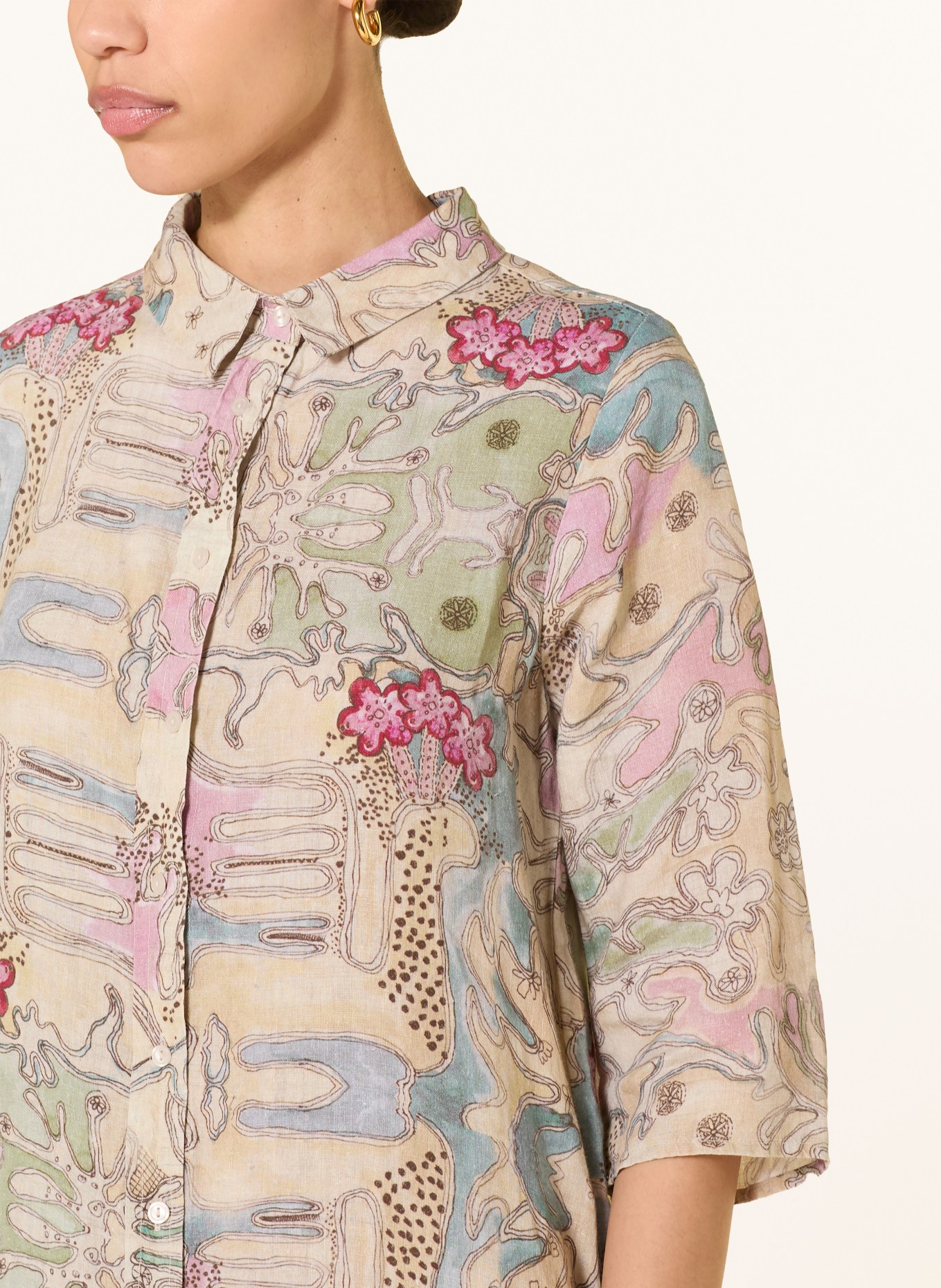 (THE MERCER) N.Y. Linen shirt dress with 3/4 sleeves: BEIGE / PINK / GREEN