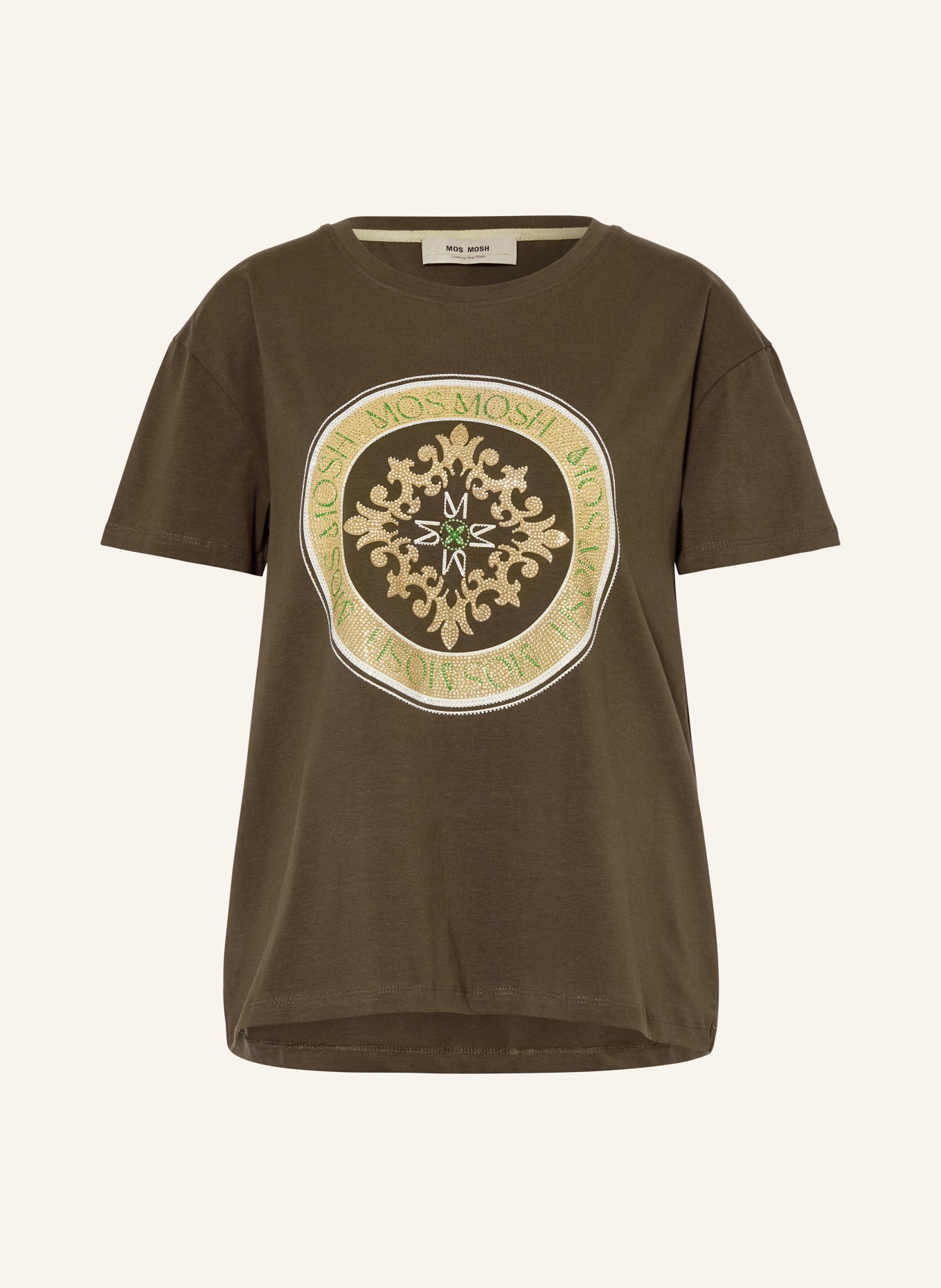 MOS MOSH Tričko MMJUDD s ozdobnými kameny: TMAVĚ ZELENÁ / KHAKI / BÍLÁ