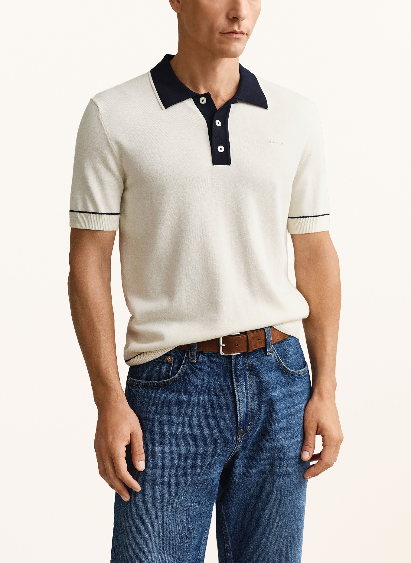 GANT Strick-Poloshirt: CREME / SCHWARZ