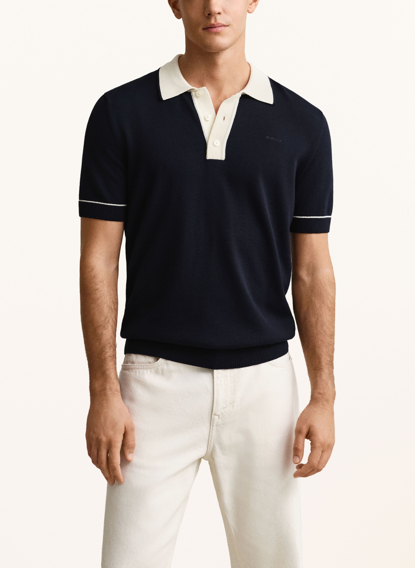 GANT Strick-Poloshirt: DUNKELBLAU / CREME