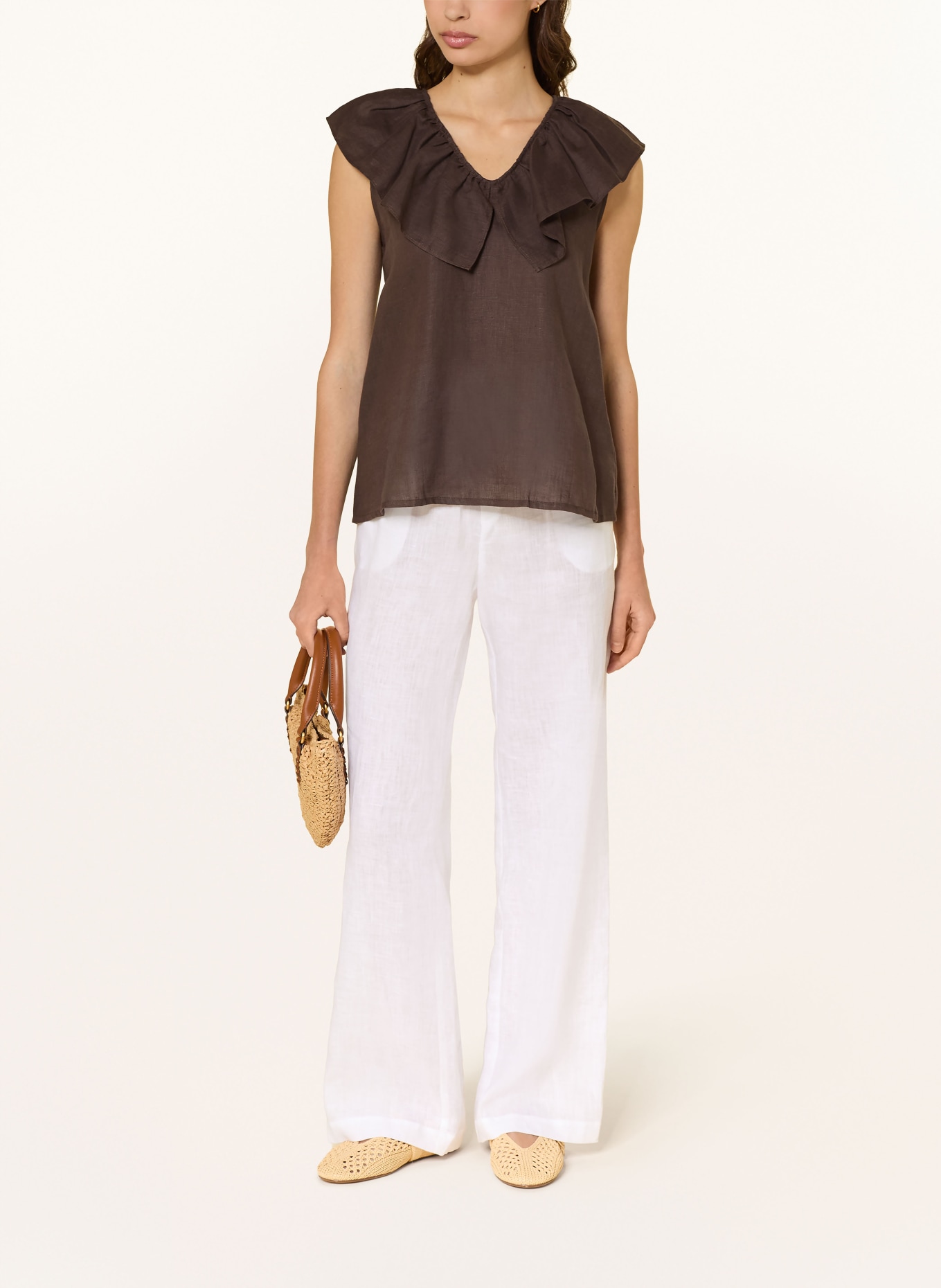 van Laack Lněná halenka VL-BINTOU-SV s volány: TMAVĚ HNĚDÁ