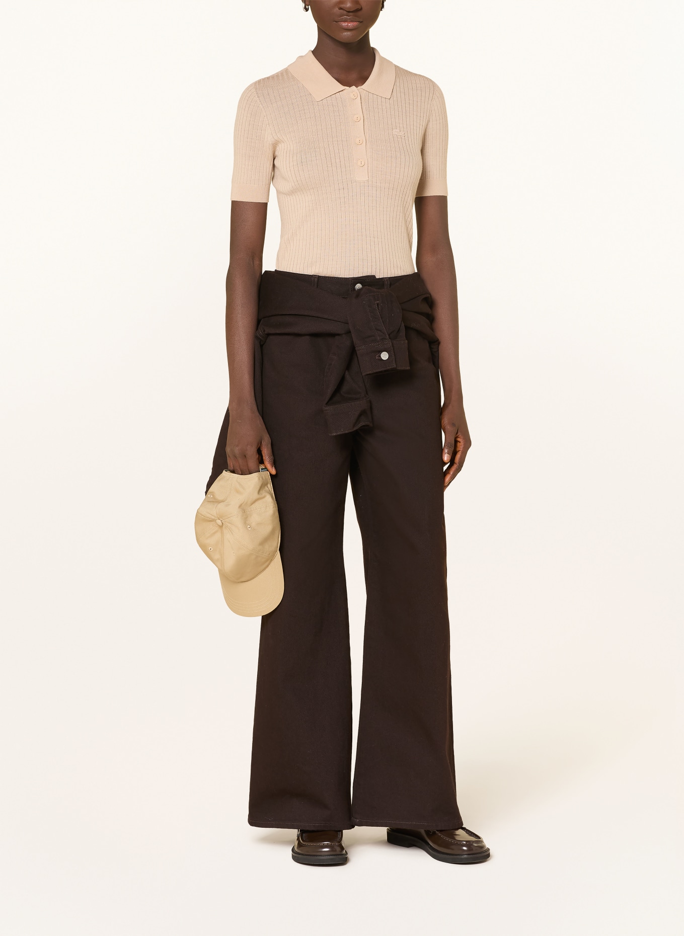 LACOSTE Knitted merino wool polo shirt: BEIGE