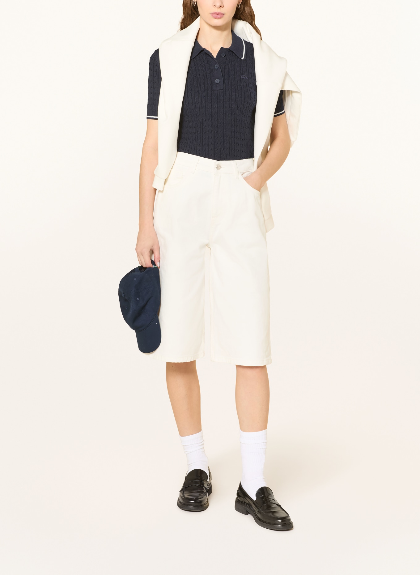 LACOSTE Pletené polo tričko: TMAVĚ MODRÁ / BÍLÁ