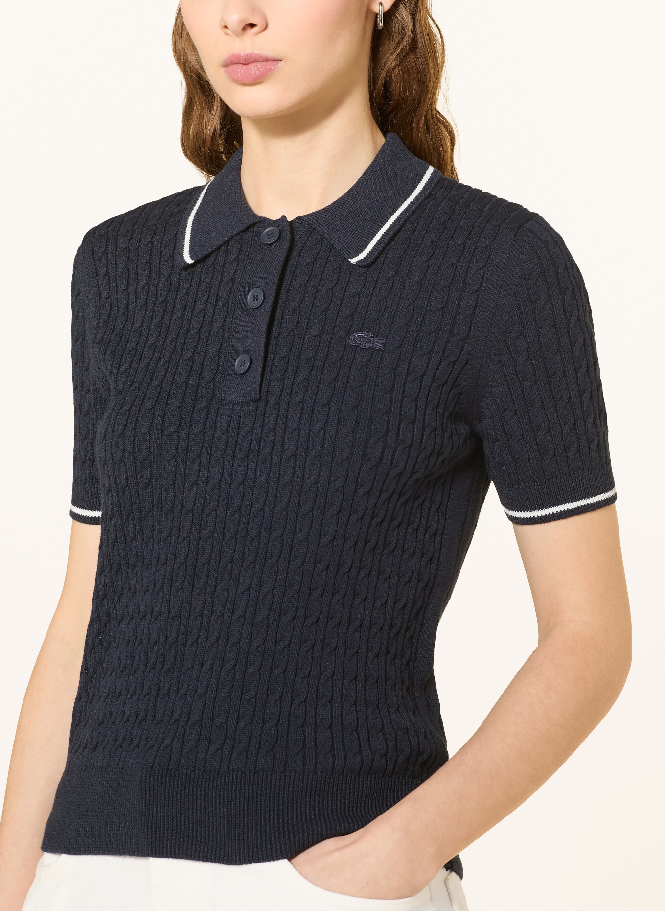 LACOSTE Pletené polo tričko: TMAVĚ MODRÁ / BÍLÁ