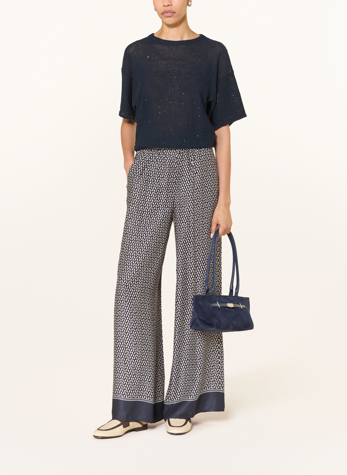 PESERICO kalhoty Marlene: TMAVĚ MODRÁ / BÉŽOVÁ / KRÉMOVÁ