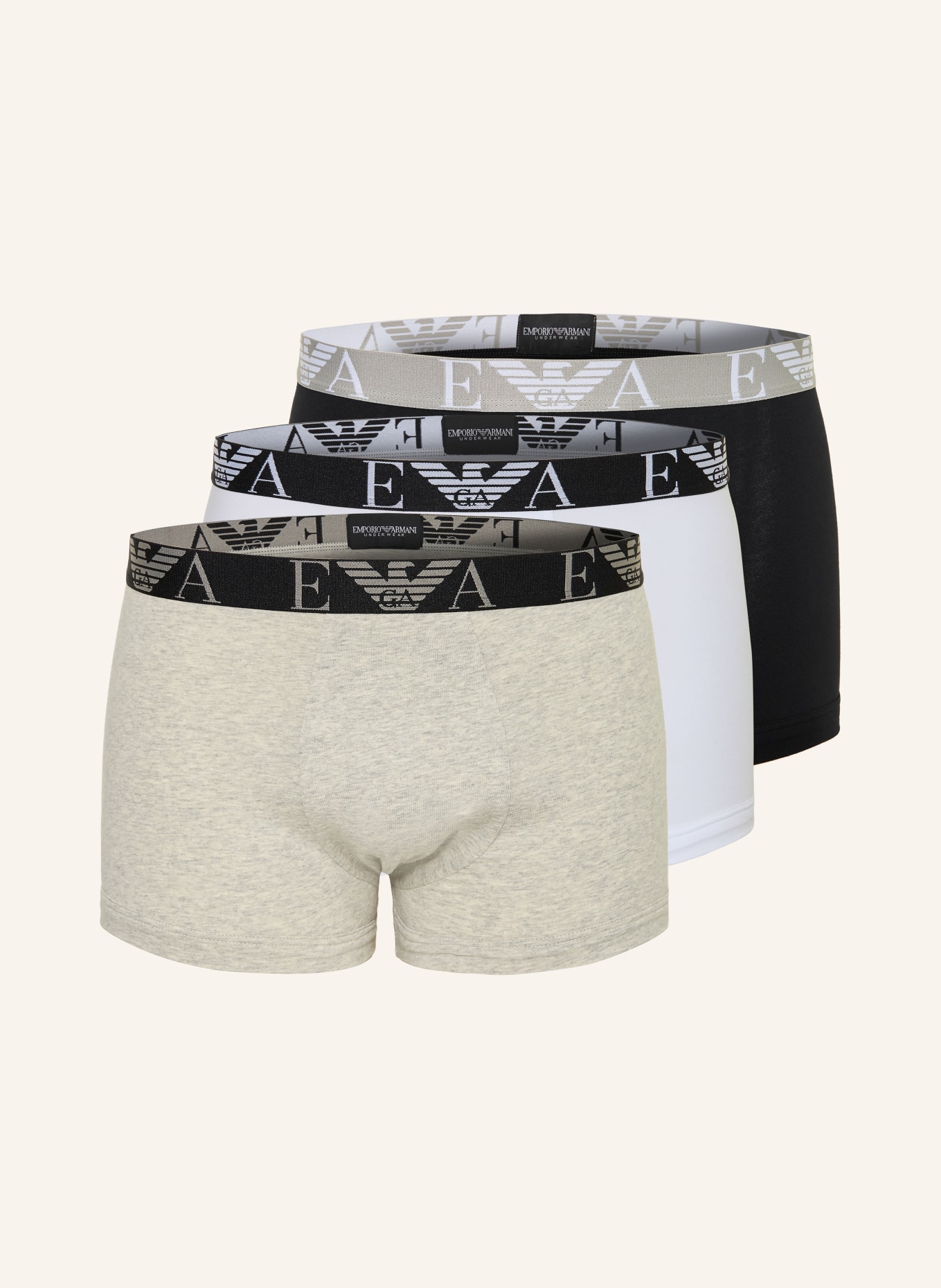 EMPORIO ARMANI 3ks boxerky: ČERNÁ / SVĚTLE ŠEDÁ / BÍLÁ