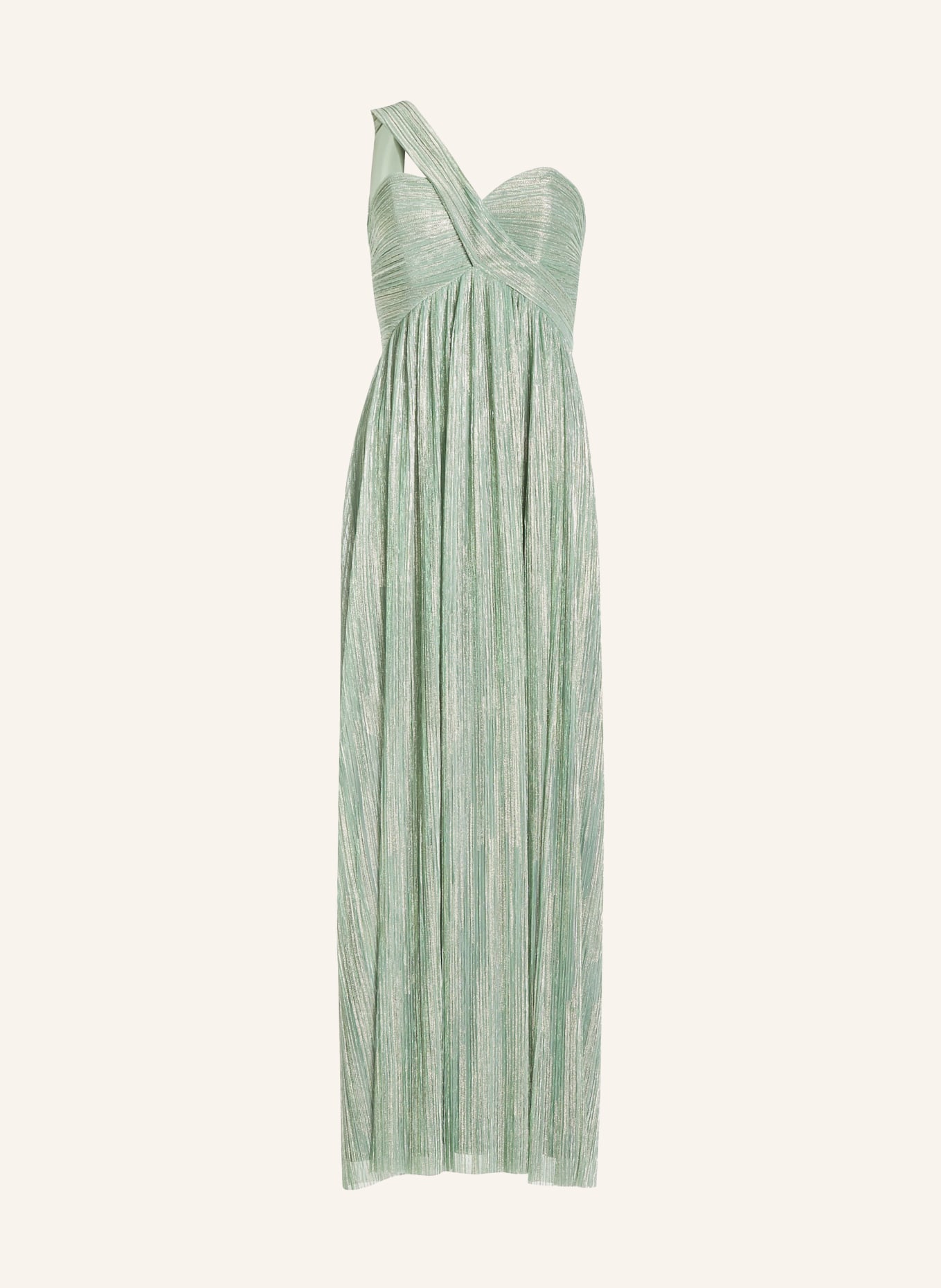 SWING Evening gown with glitter thread and pleats: LIGHT GREEN / GOLD