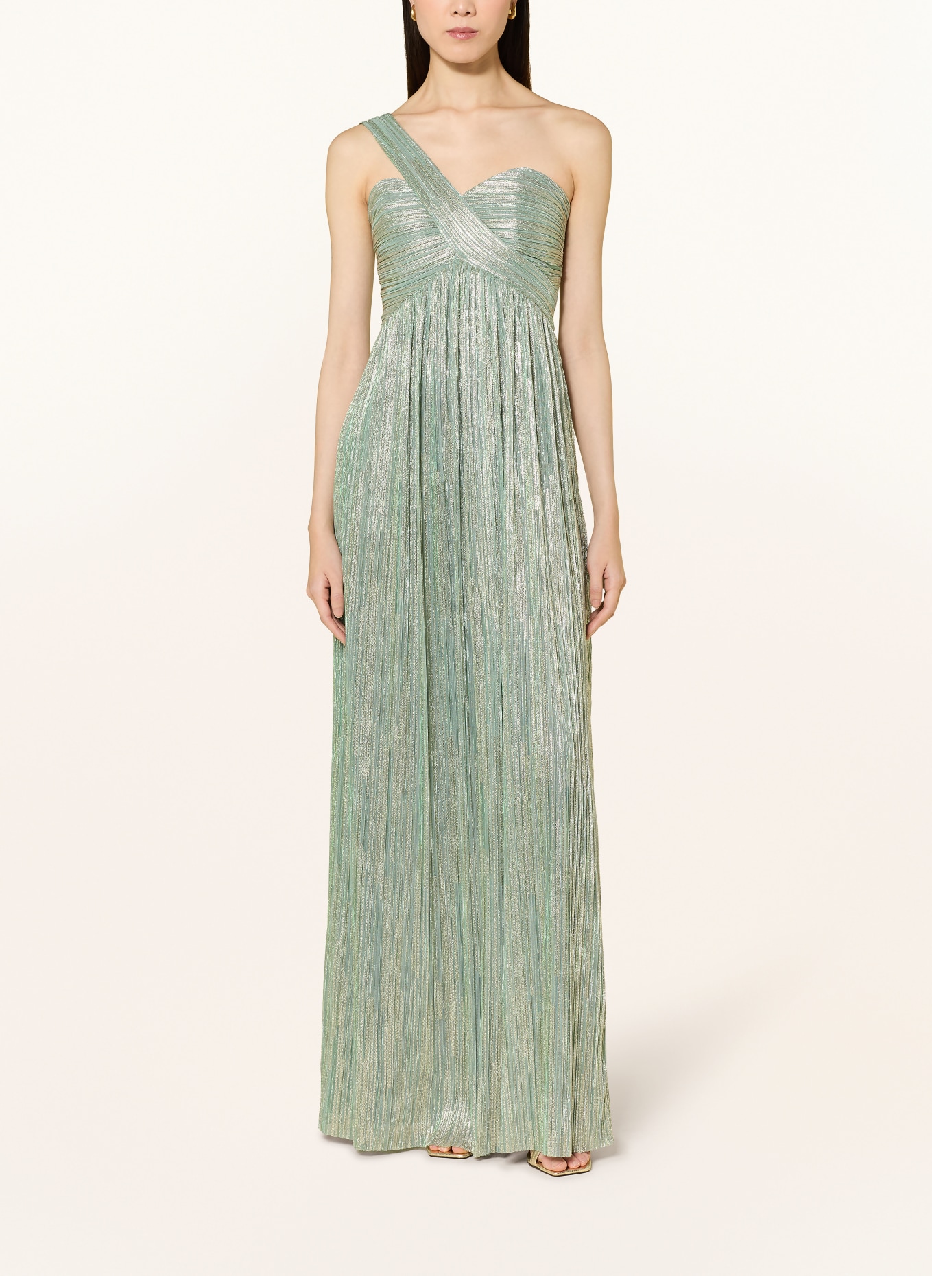 SWING Evening gown with glitter thread and pleats: LIGHT GREEN / GOLD