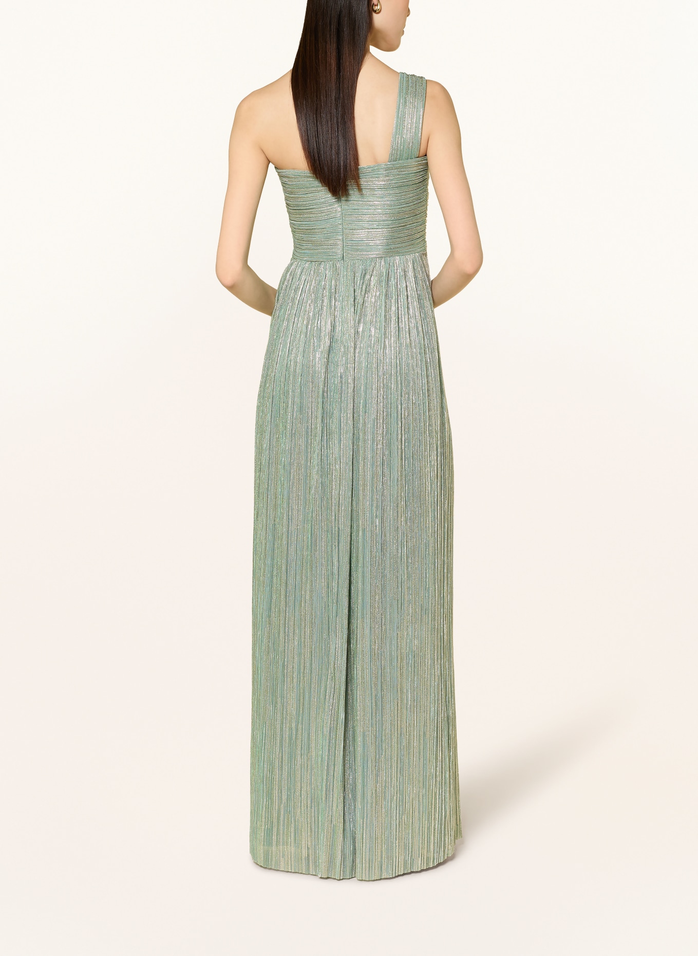 SWING Evening gown with glitter thread and pleats: LIGHT GREEN / GOLD