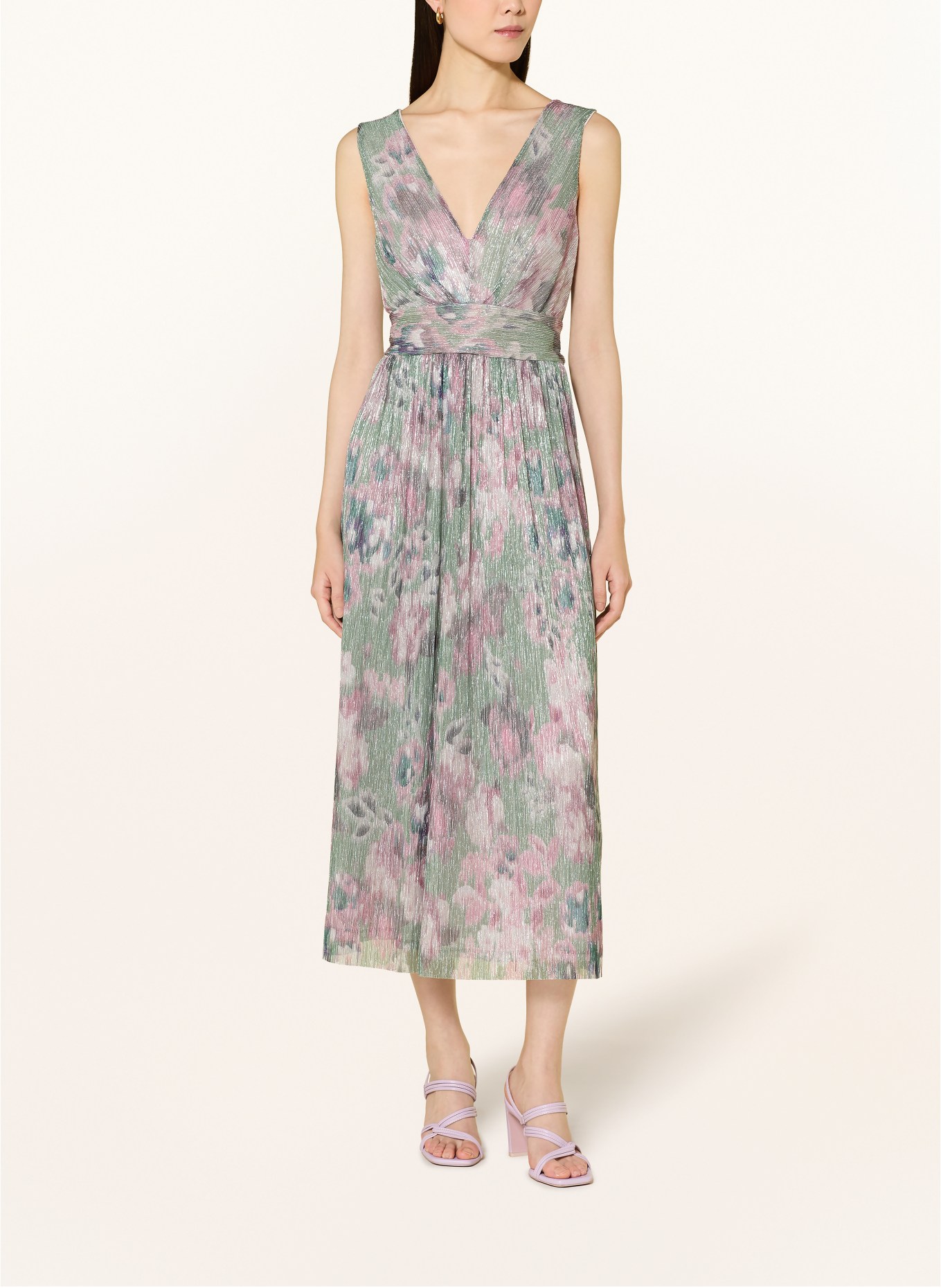 SWING Cocktail dress with glitter thread and pleats: LIGHT GREEN / ROSE