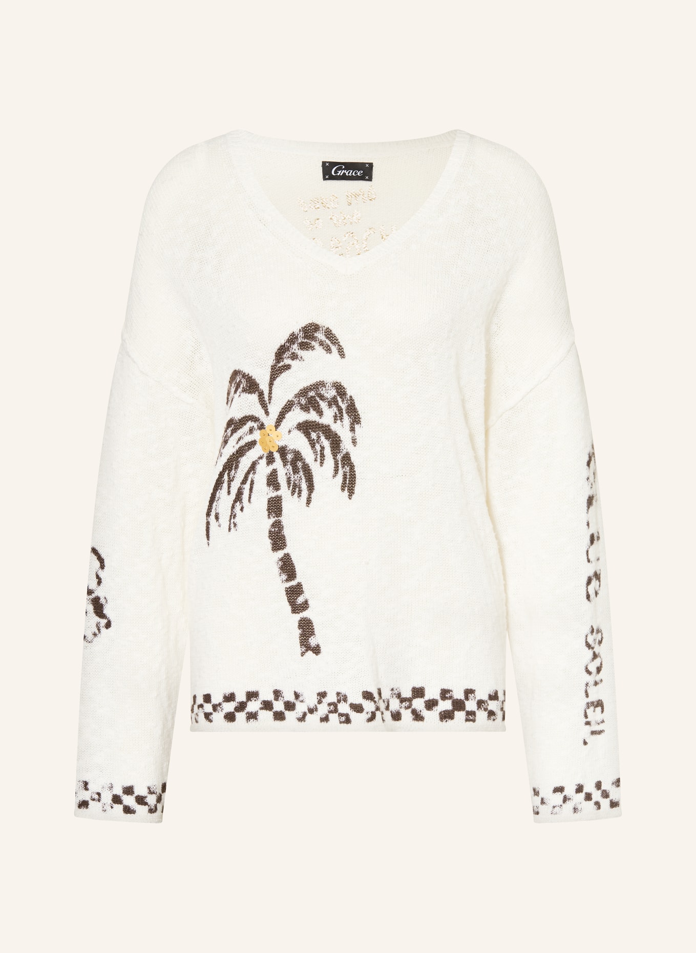 Grace Pull avec lin: ÉCRU / MARRON FONCÉ