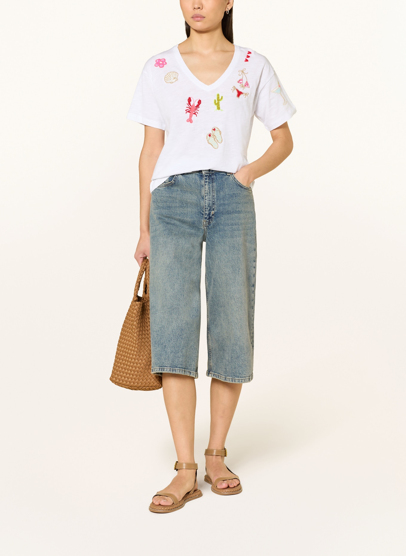 Grace T-Shirt mit Schmuckperlen: WEISS / CAMEL / ROT