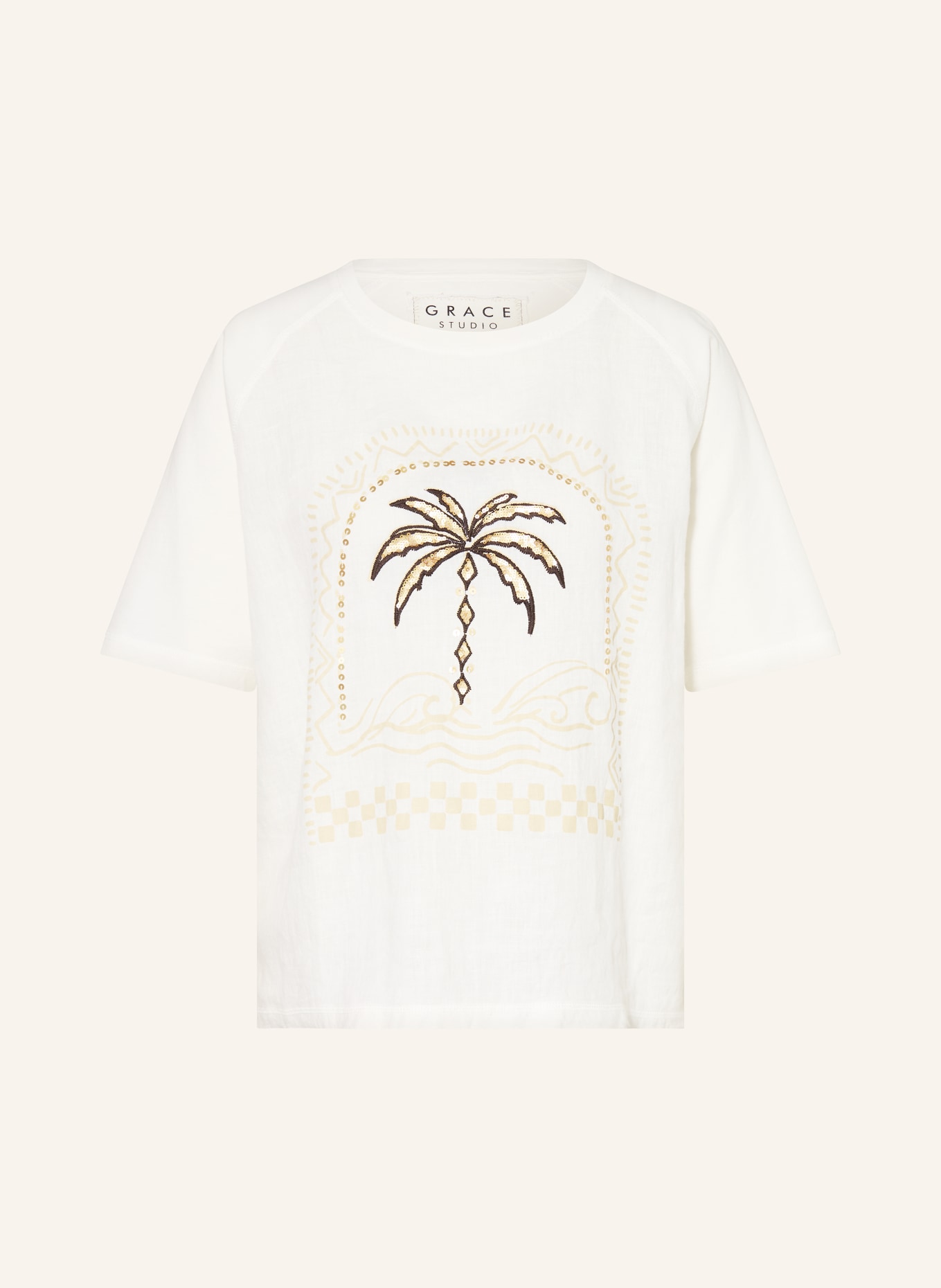 Grace T-Shirt mit Leinen und Pailletten: WEISS / GOLD / SCHWARZ