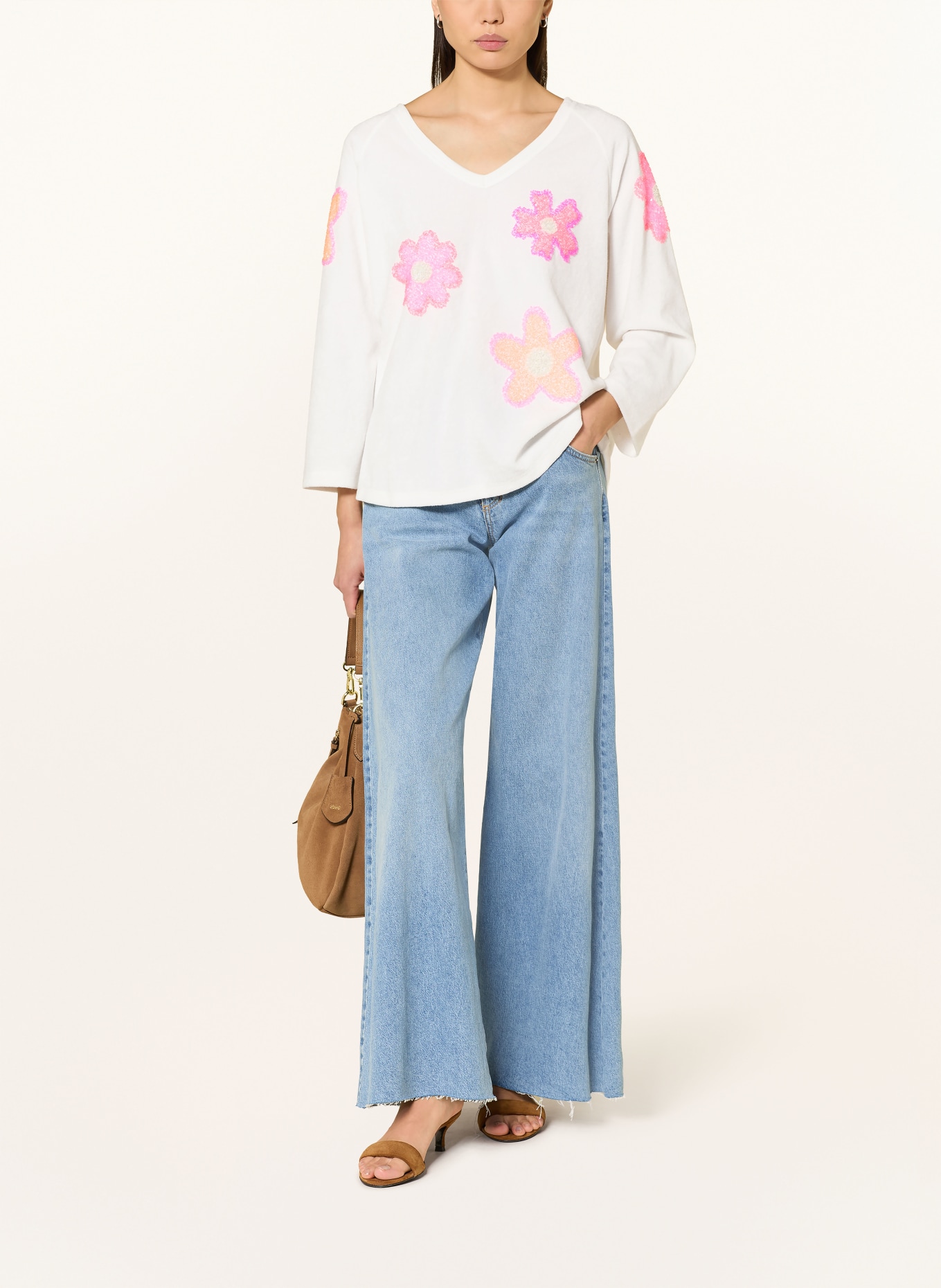 Grace Sweatshirt with 3/4 sleeves and sequins: ECRU / NEON PINK / NEON ORANGE