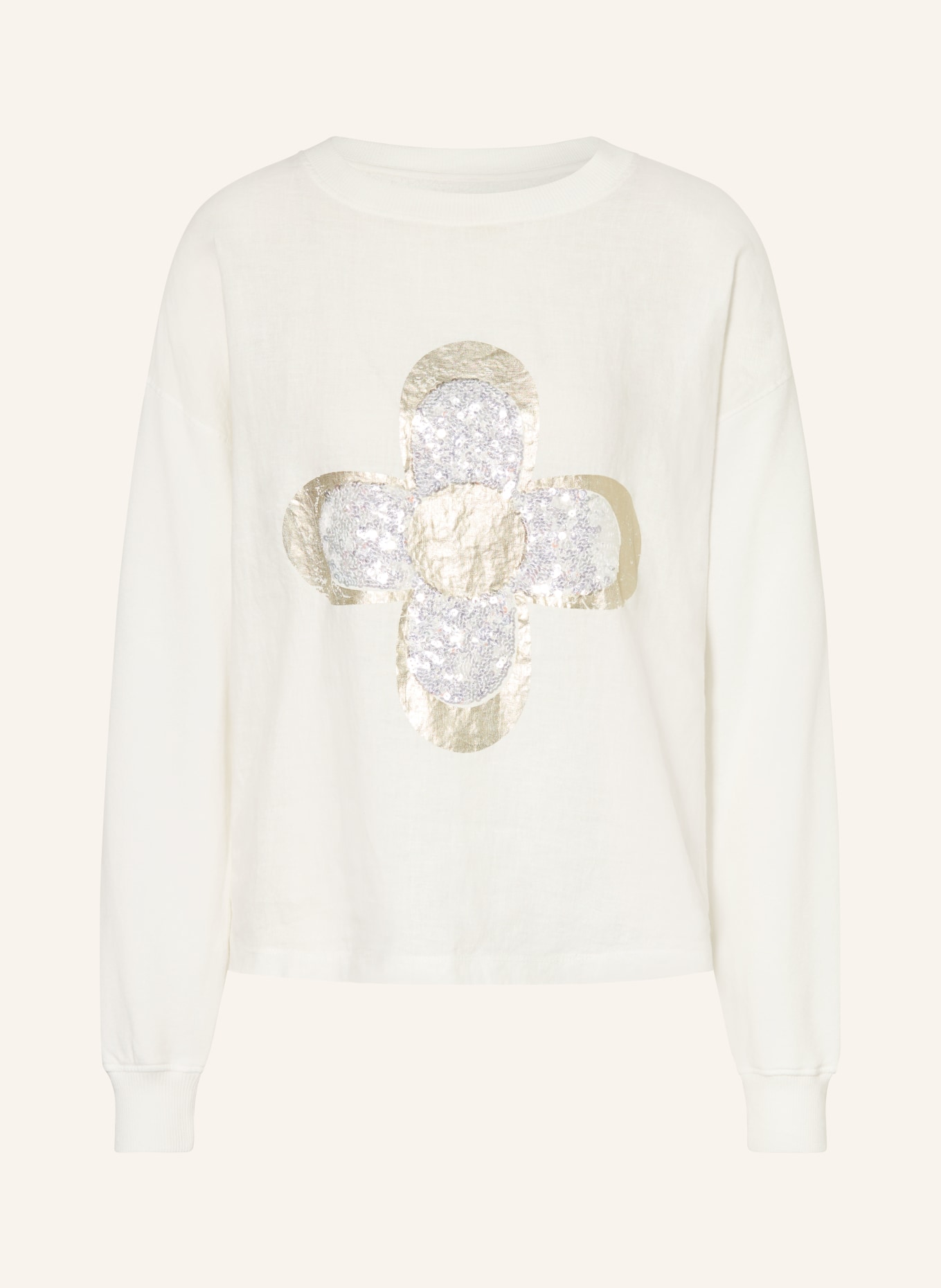 Grace Sweatshirt with linen and sequins: WHITE / SILVER / GOLD