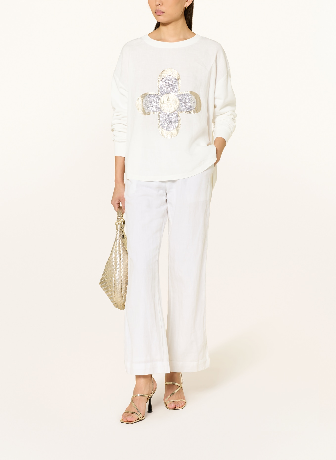 Grace Sweatshirt with linen and sequins: WHITE / SILVER / GOLD