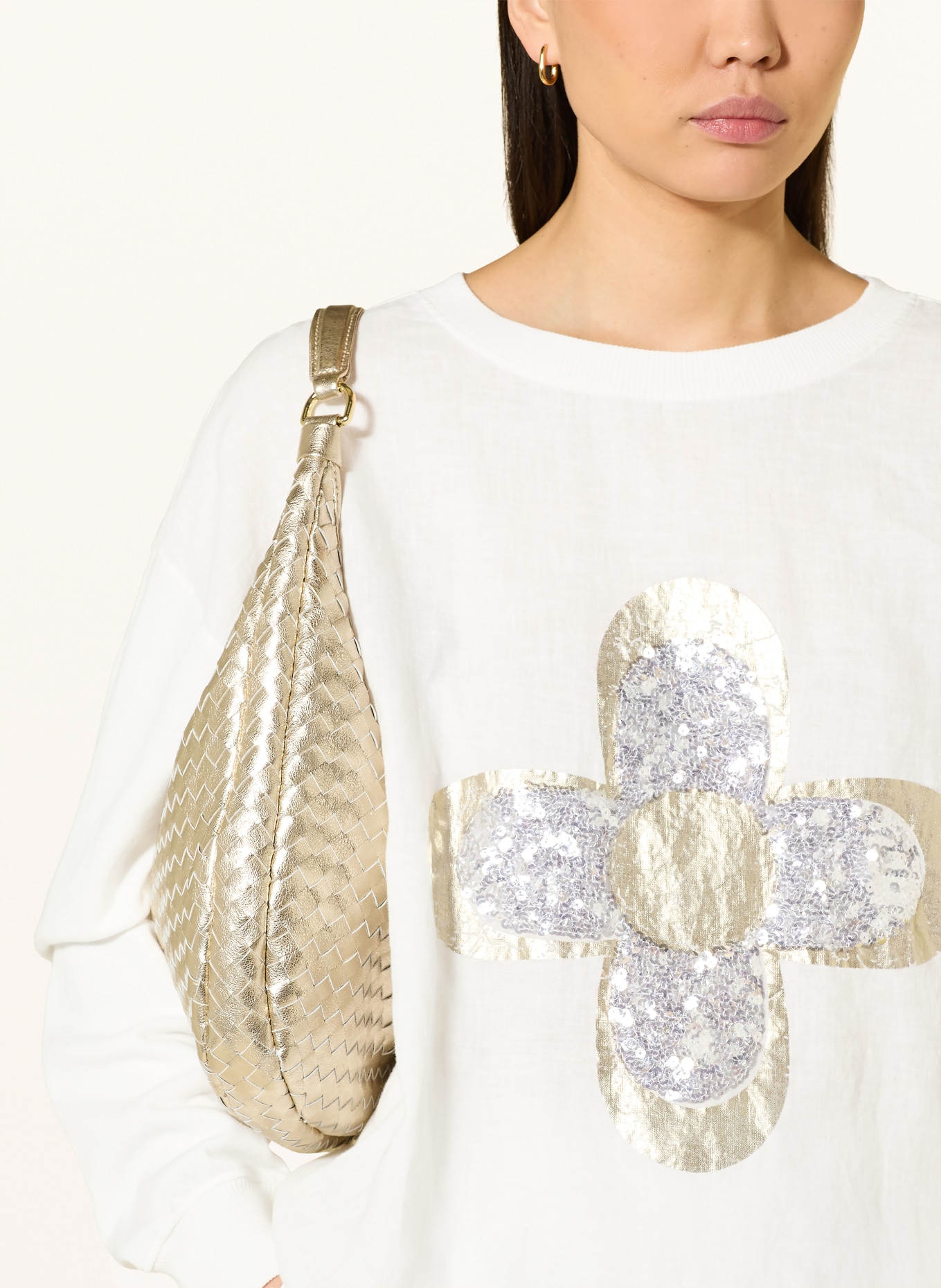 Grace Sweatshirt with linen and sequins: WHITE / SILVER / GOLD