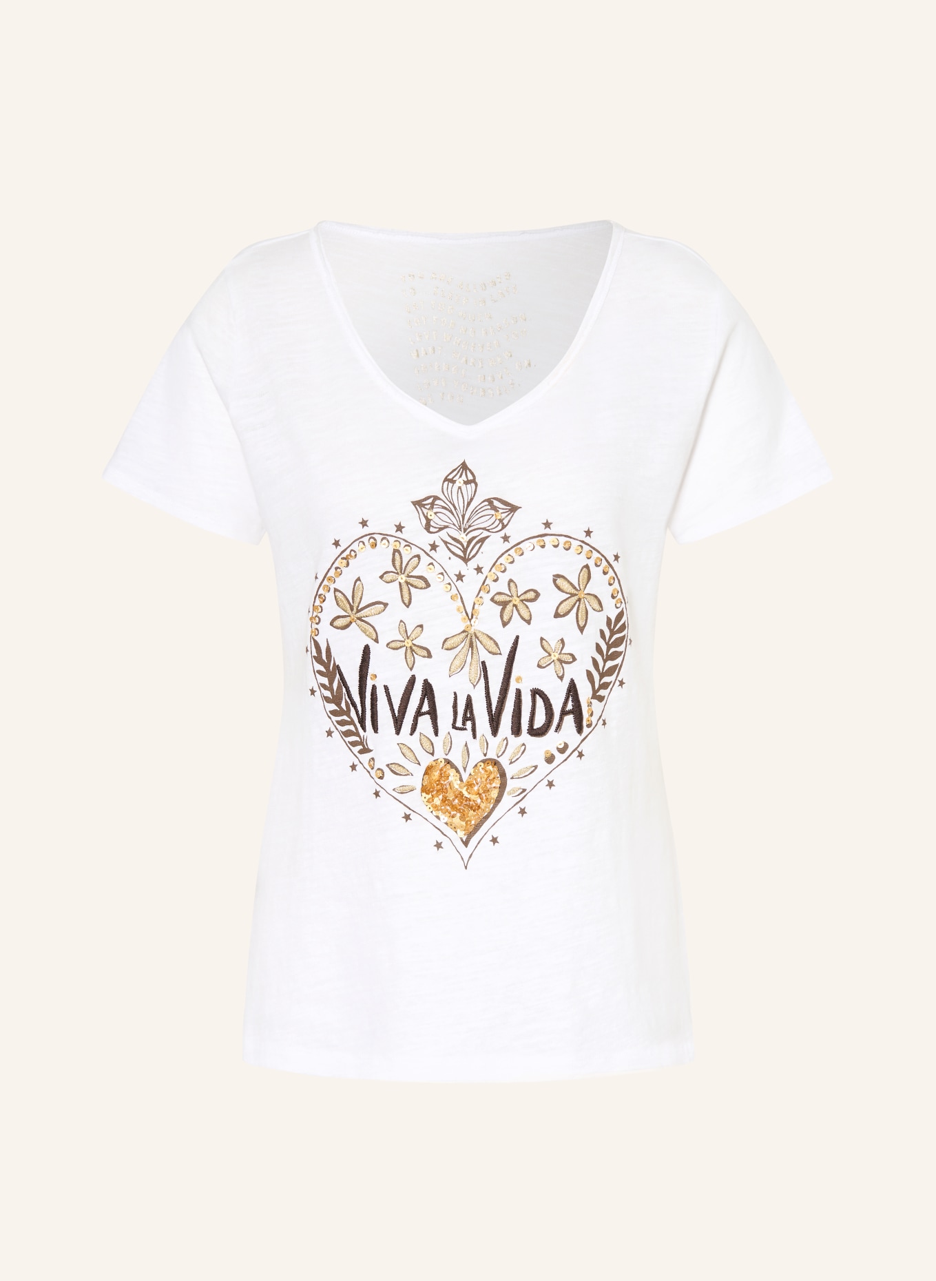 Grace T-shirt à paillettes: ÉCRU / OR / MARRON FONCÉ