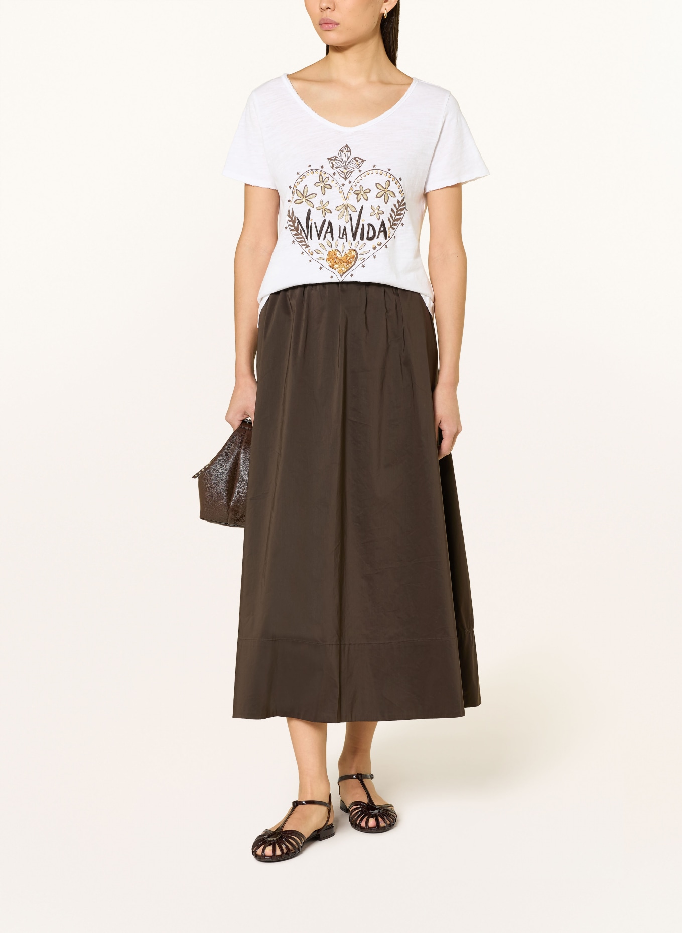 Grace T-shirt à paillettes: ÉCRU / OR / MARRON FONCÉ