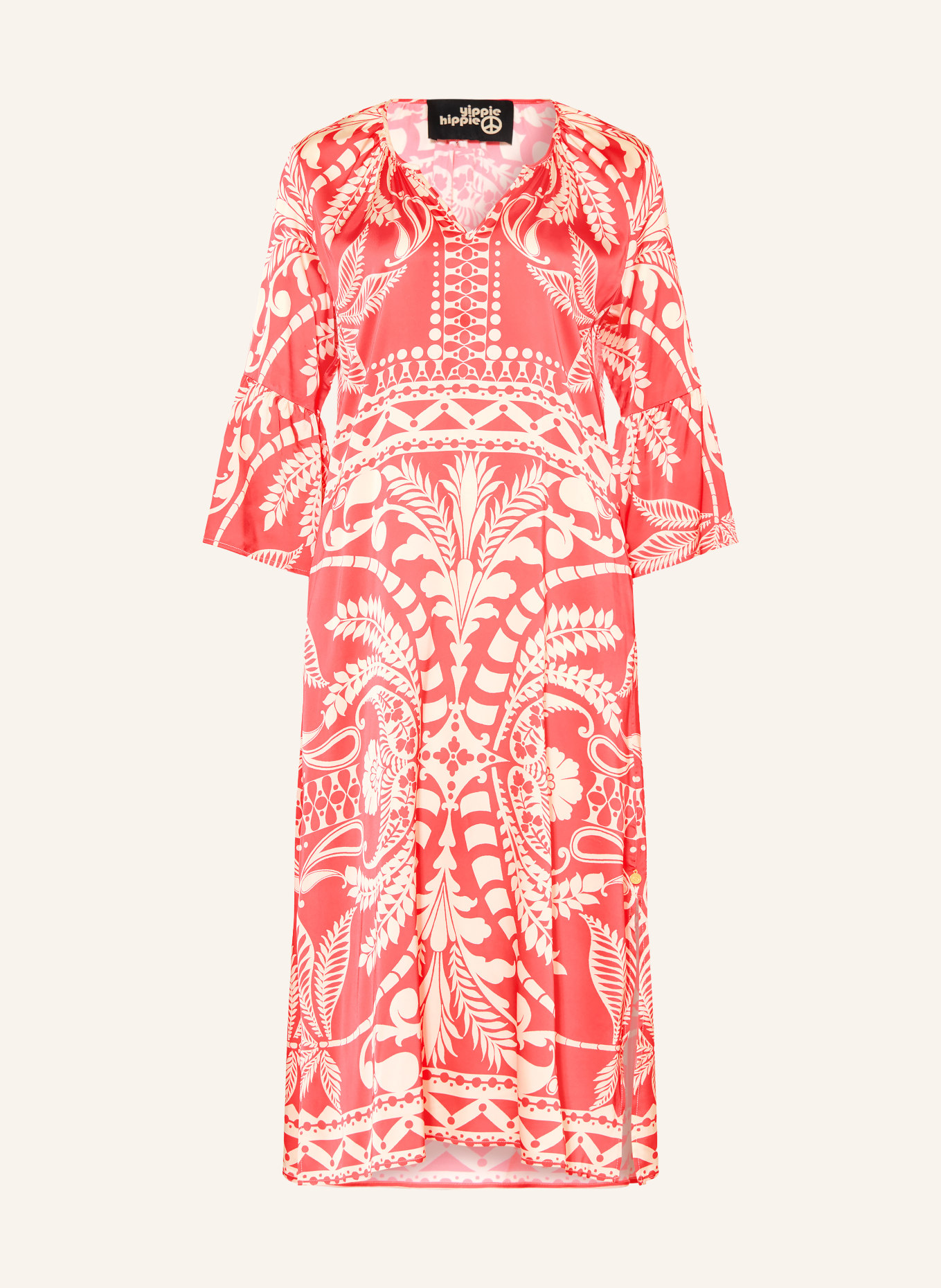 yippie hippie Satin dress with 3/4 sleeves and ruffles: RED / BEIGE