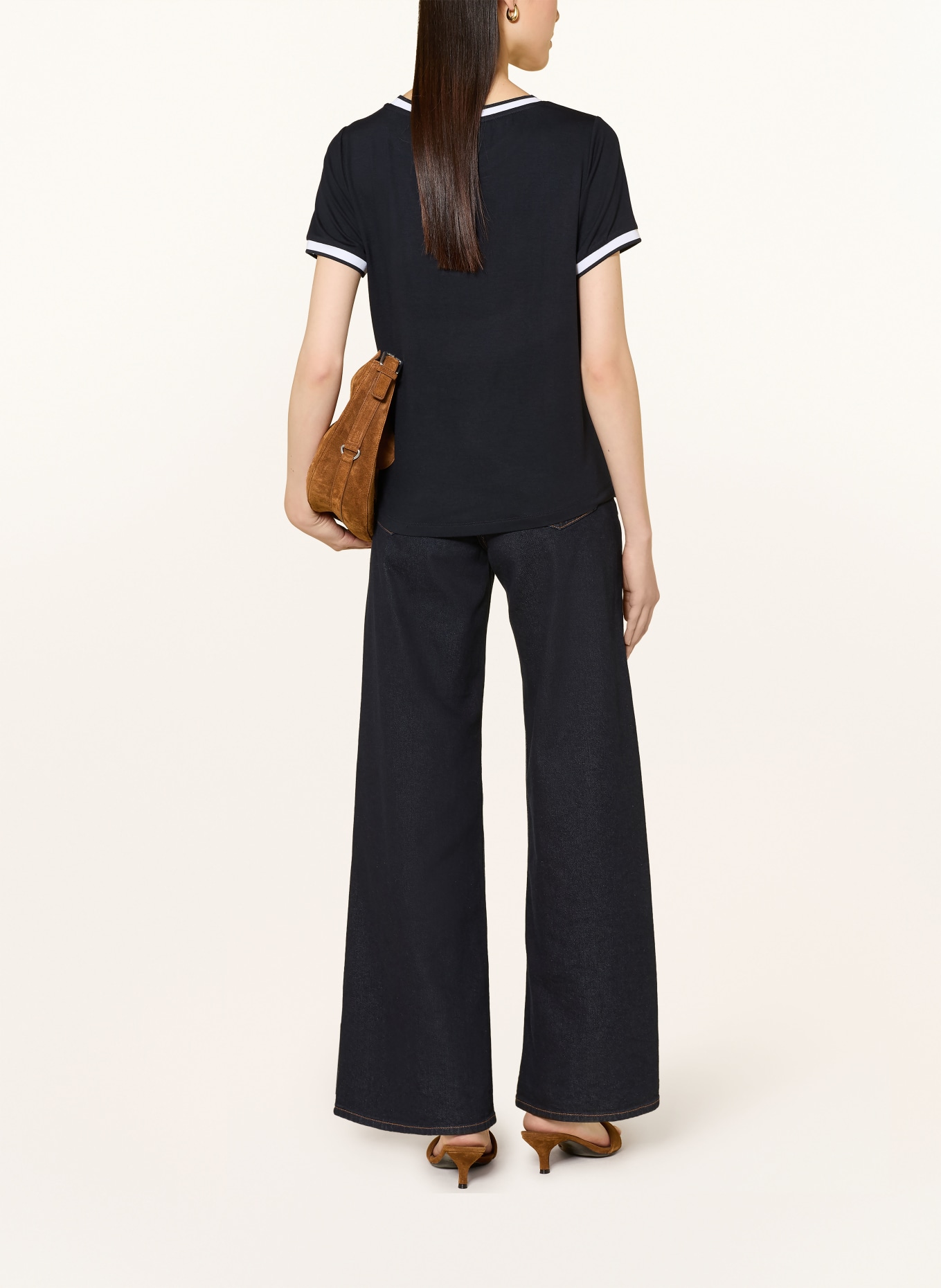 MORE & MORE T-Shirt im Materialmix: DUNKELBLAU / WEISS