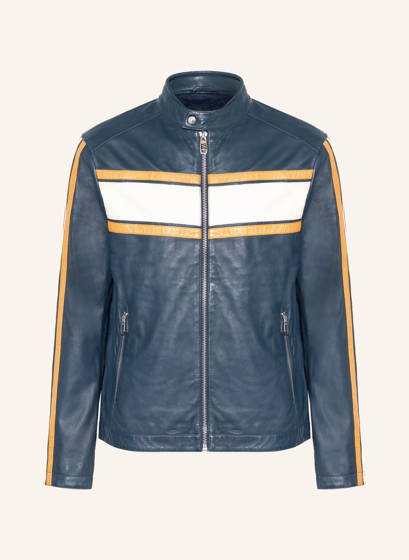 MILESTONE Kožená bunda MSLAMBERT: TMAVĚ MODRÁ / KRÉMOVÁ / TMAVĚ ŽLUTÁ