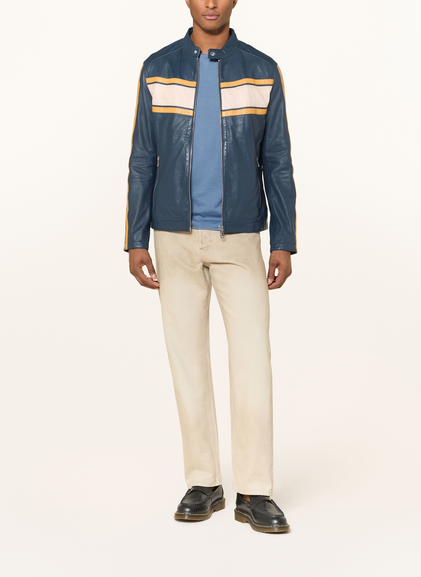 MILESTONE Kožená bunda MSLAMBERT: TMAVĚ MODRÁ / KRÉMOVÁ / TMAVĚ ŽLUTÁ