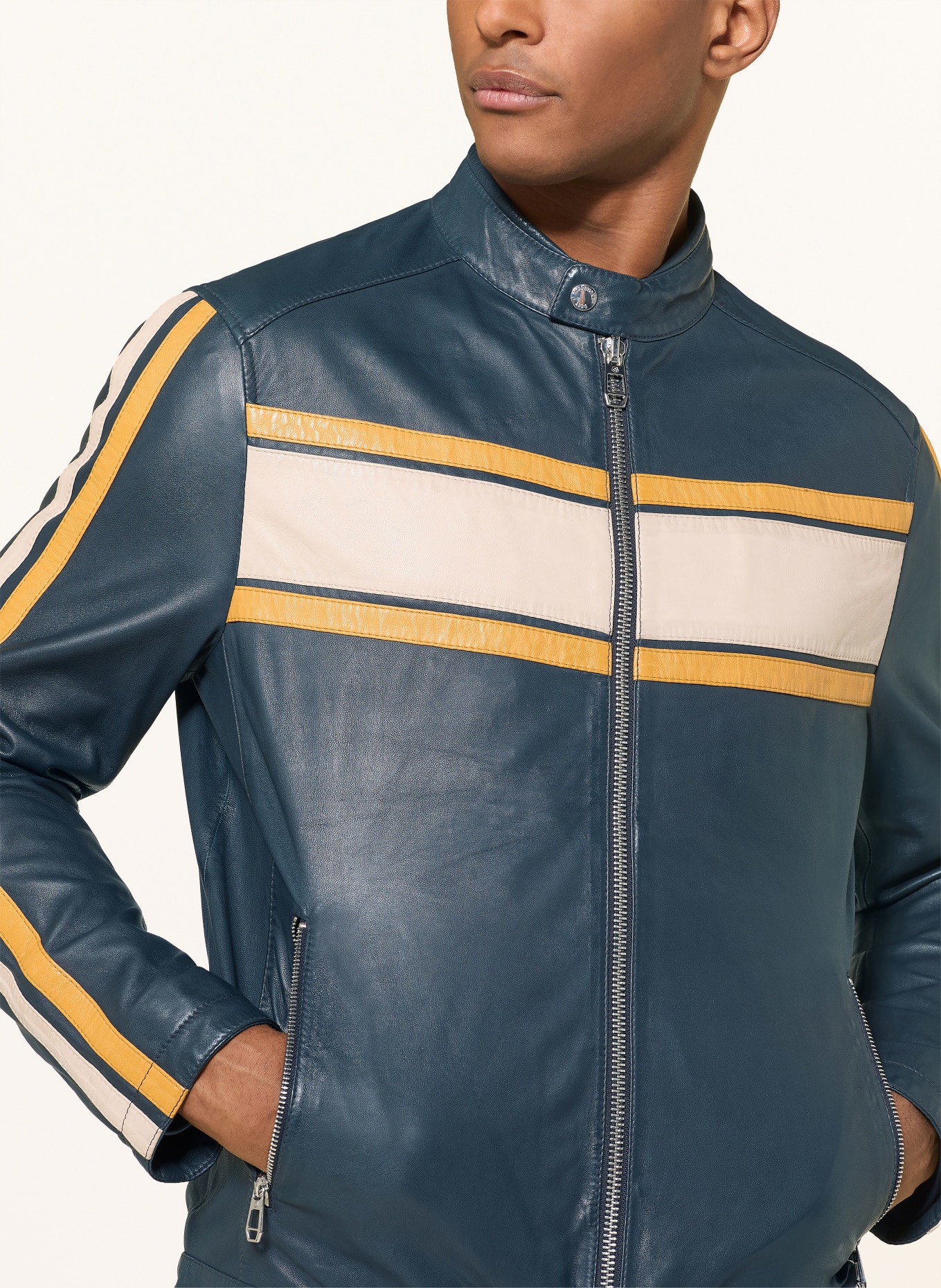 MILESTONE Kožená bunda MSLAMBERT: TMAVĚ MODRÁ / KRÉMOVÁ / TMAVĚ ŽLUTÁ
