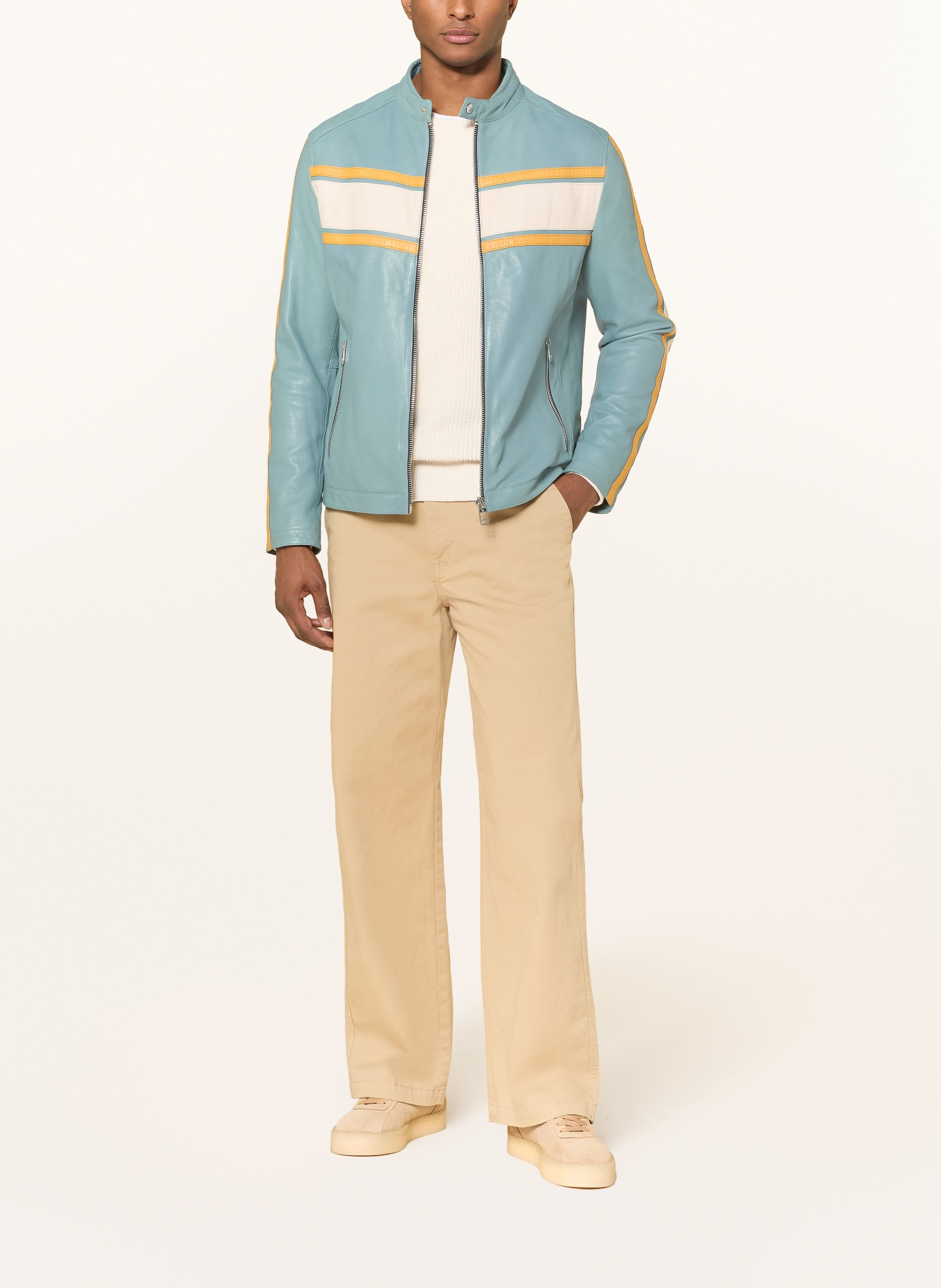 MILESTONE Kožená bunda MSLAMBERT: TYRKYSOVÁ / KRÉMOVÁ / TMAVĚ ŽLUTÁ