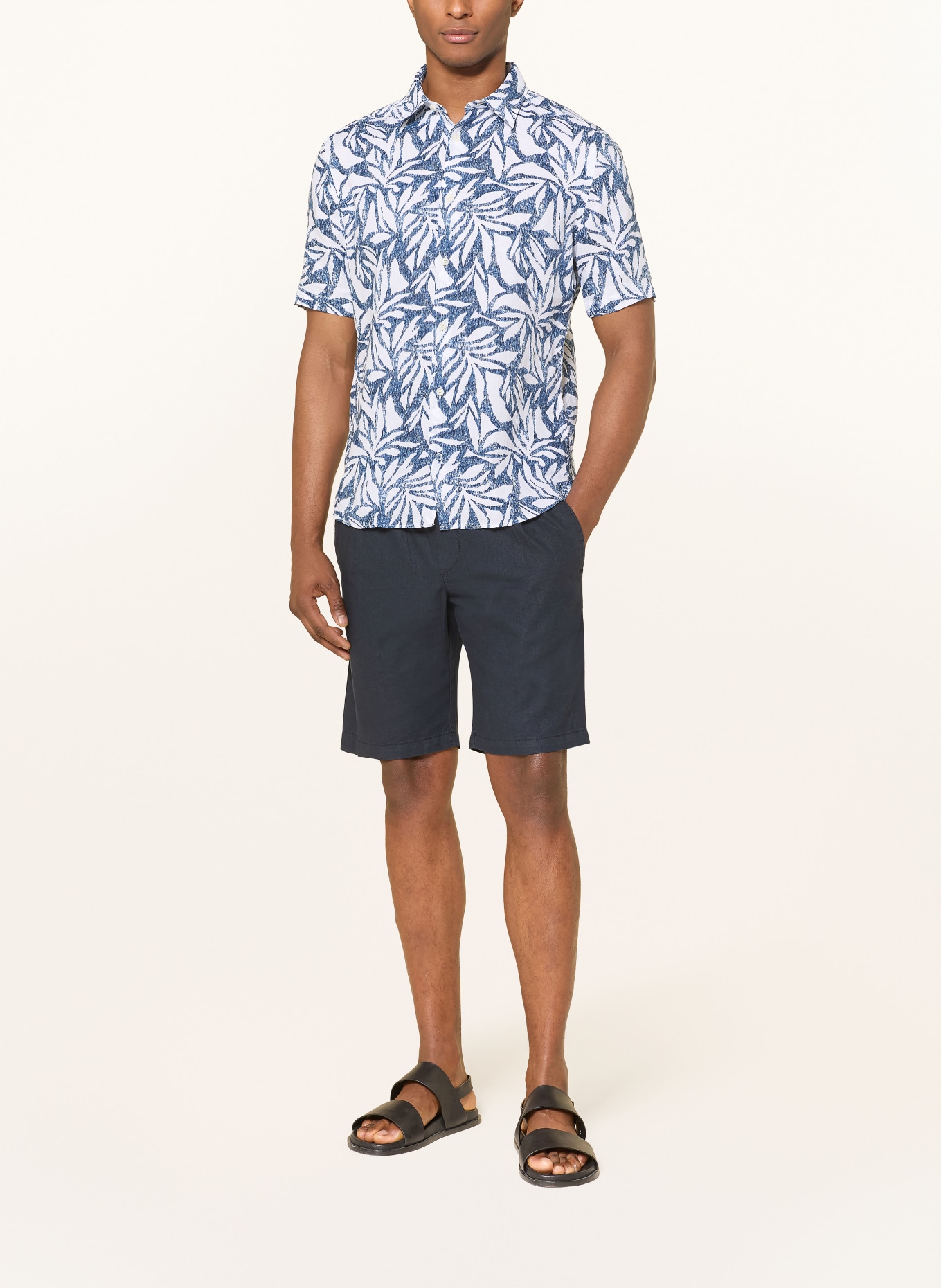 OLYMP Kurzarm-Hemd regular fit aus Leinen: DUNKELBLAU / WEISS