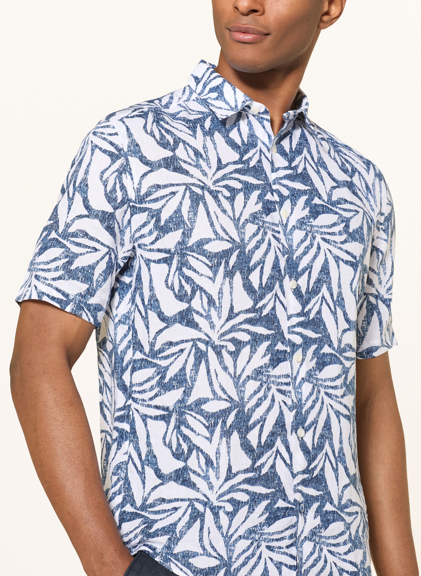 OLYMP Kurzarm-Hemd regular fit aus Leinen: DUNKELBLAU / WEISS