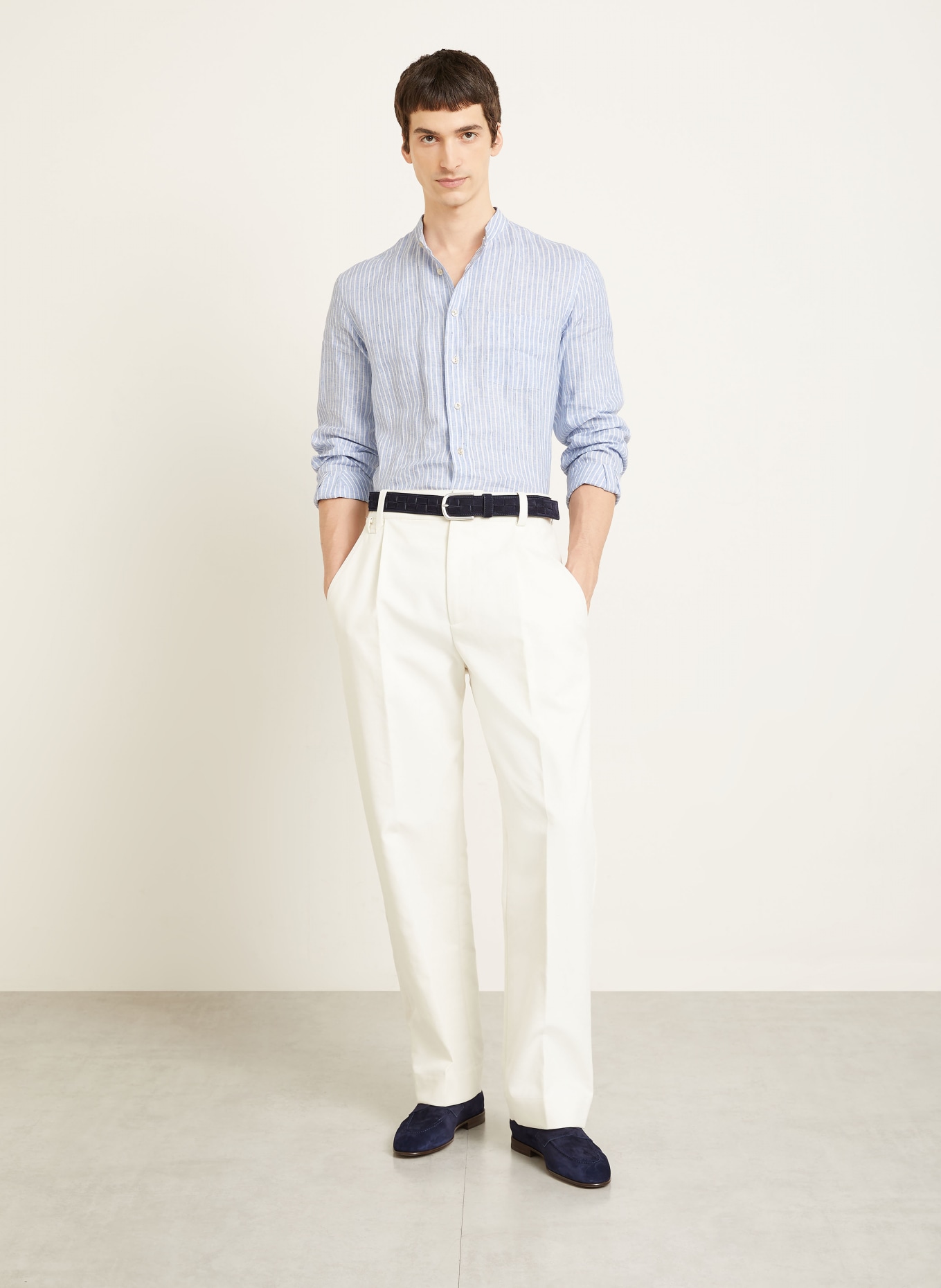 AGNONA Leinenhemd Regular Fit mit Stehkragen: HELLBLAU / WEISS