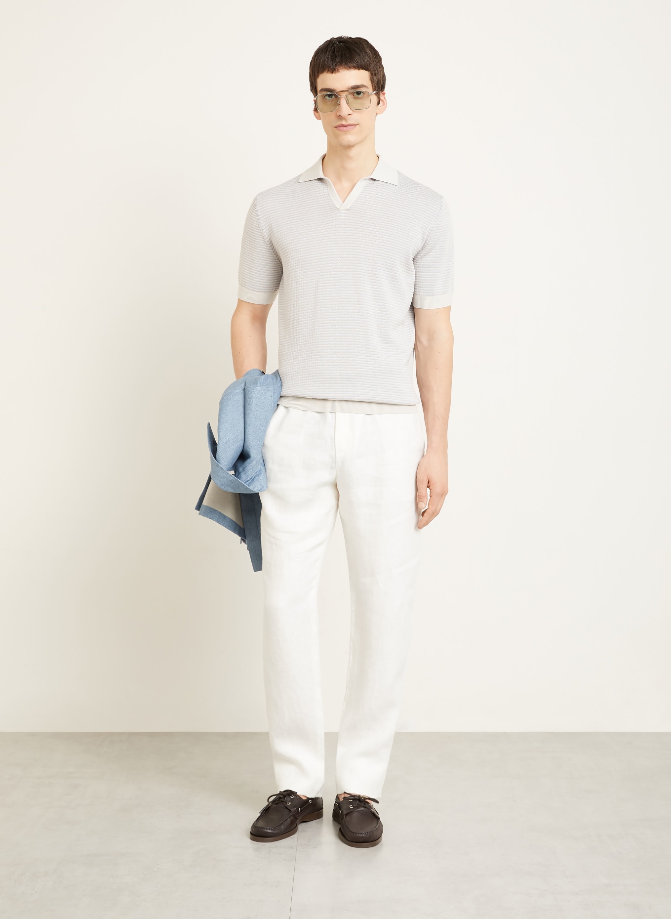 AGNONA Knitted polo shirt with linen: LIGHT GRAY / LIGHT BLUE