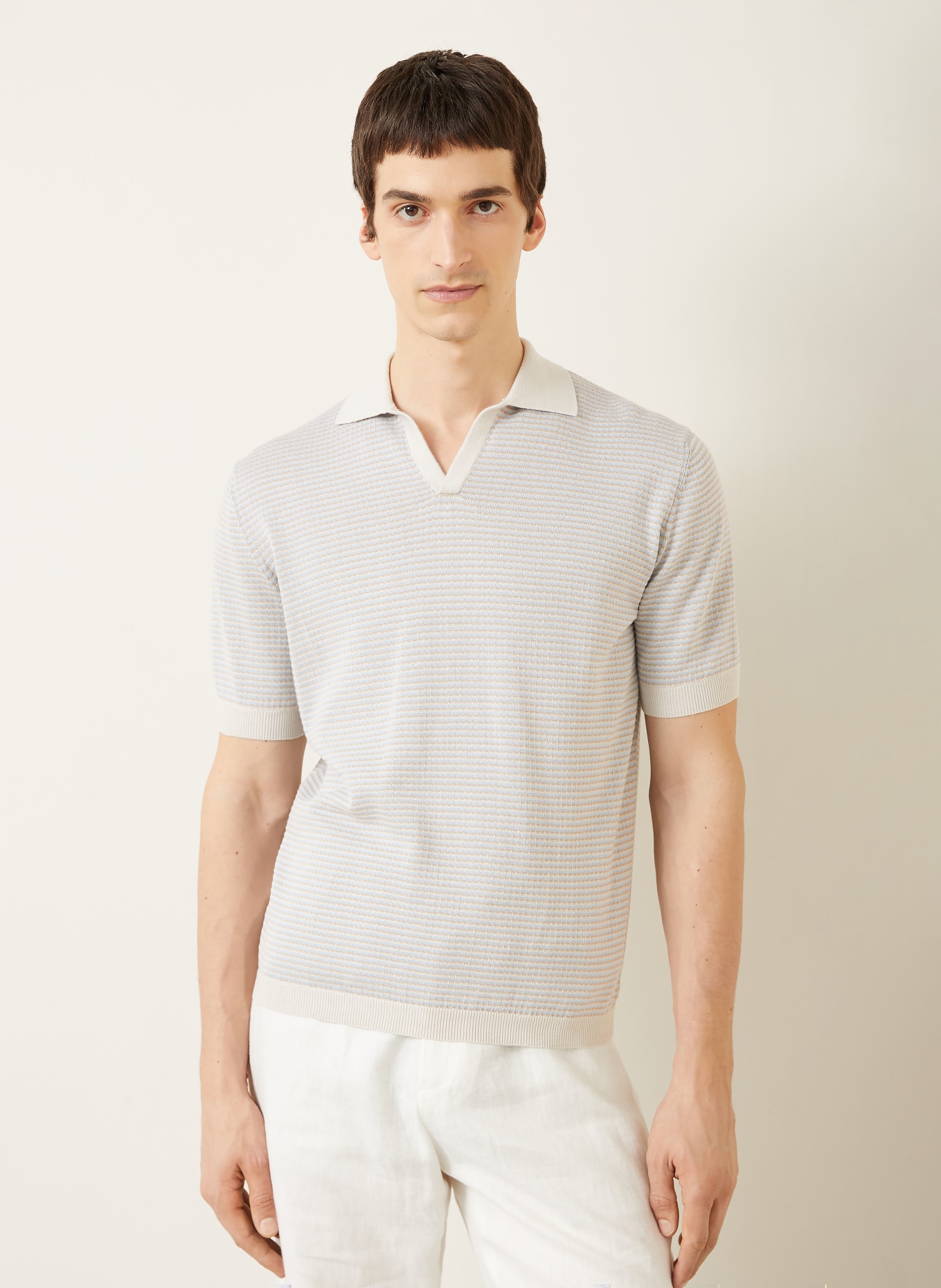 AGNONA Knitted polo shirt with linen: LIGHT GRAY / LIGHT BLUE