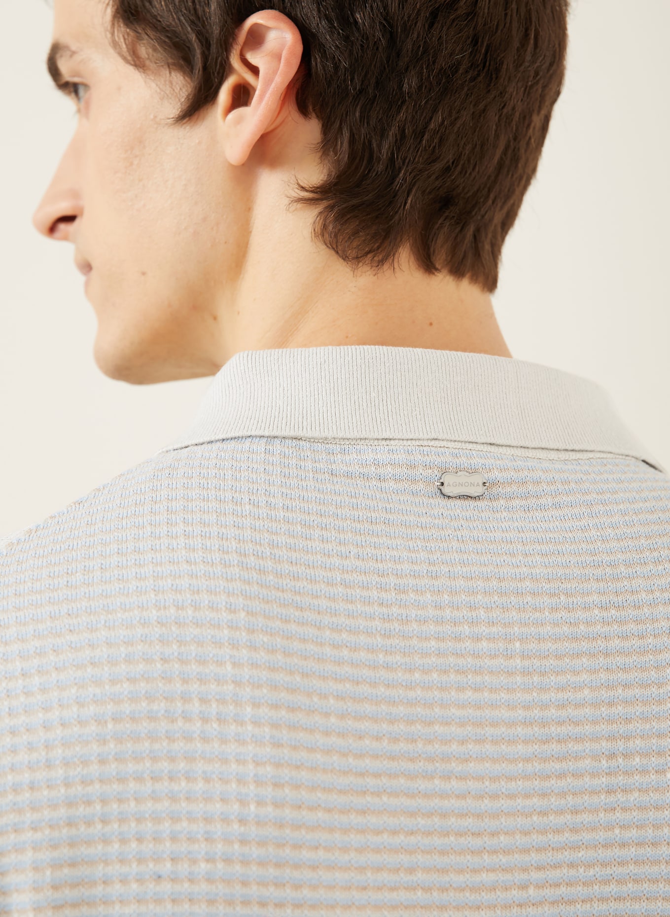 AGNONA Knitted polo shirt with linen: LIGHT GRAY / LIGHT BLUE