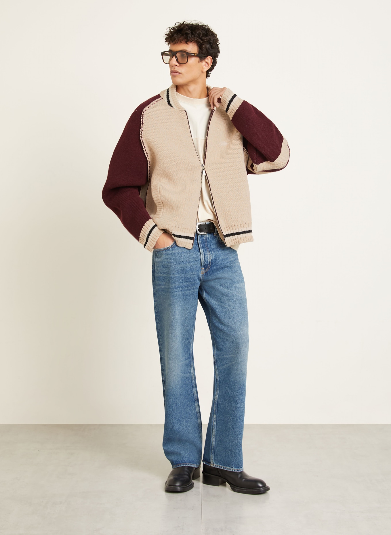 GOLDEN GOOSE College-Jacke JOURNEY: BEIGE / DUNKELROT / SCHWARZ