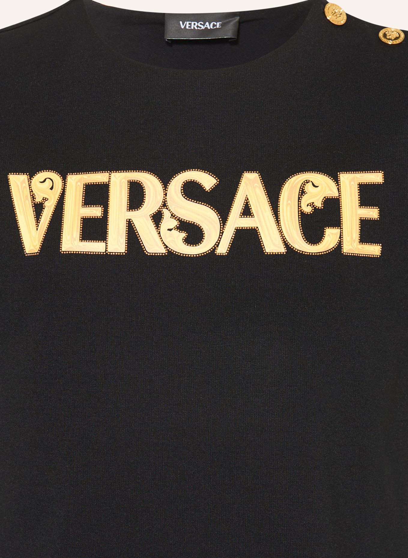 VERSACE Robe en jersey avec pierres décoratives: NOIR / OR