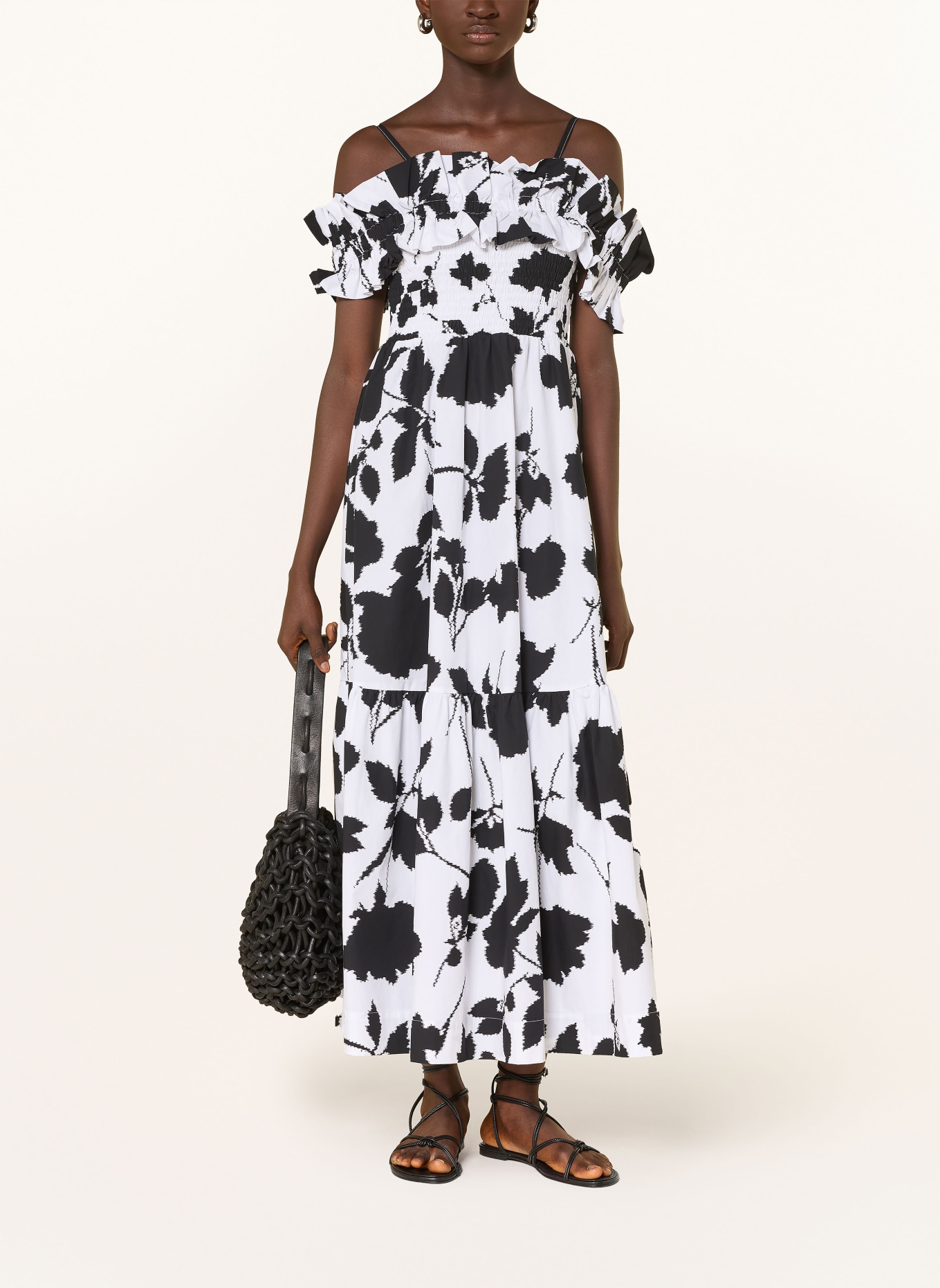 MARYAN MEHLHORN Plážové šaty FLORASCAPE s volánky: BÍLÁ / ČERNÁ