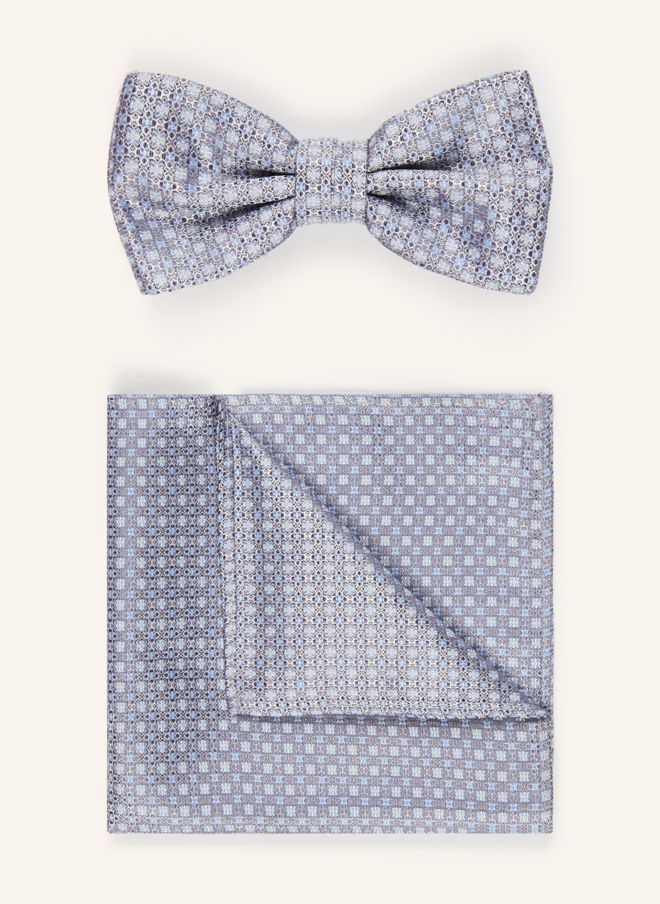 Prince BOWTIE Set: Fliege und Einstecktuch: GRAU / HELLBLAU