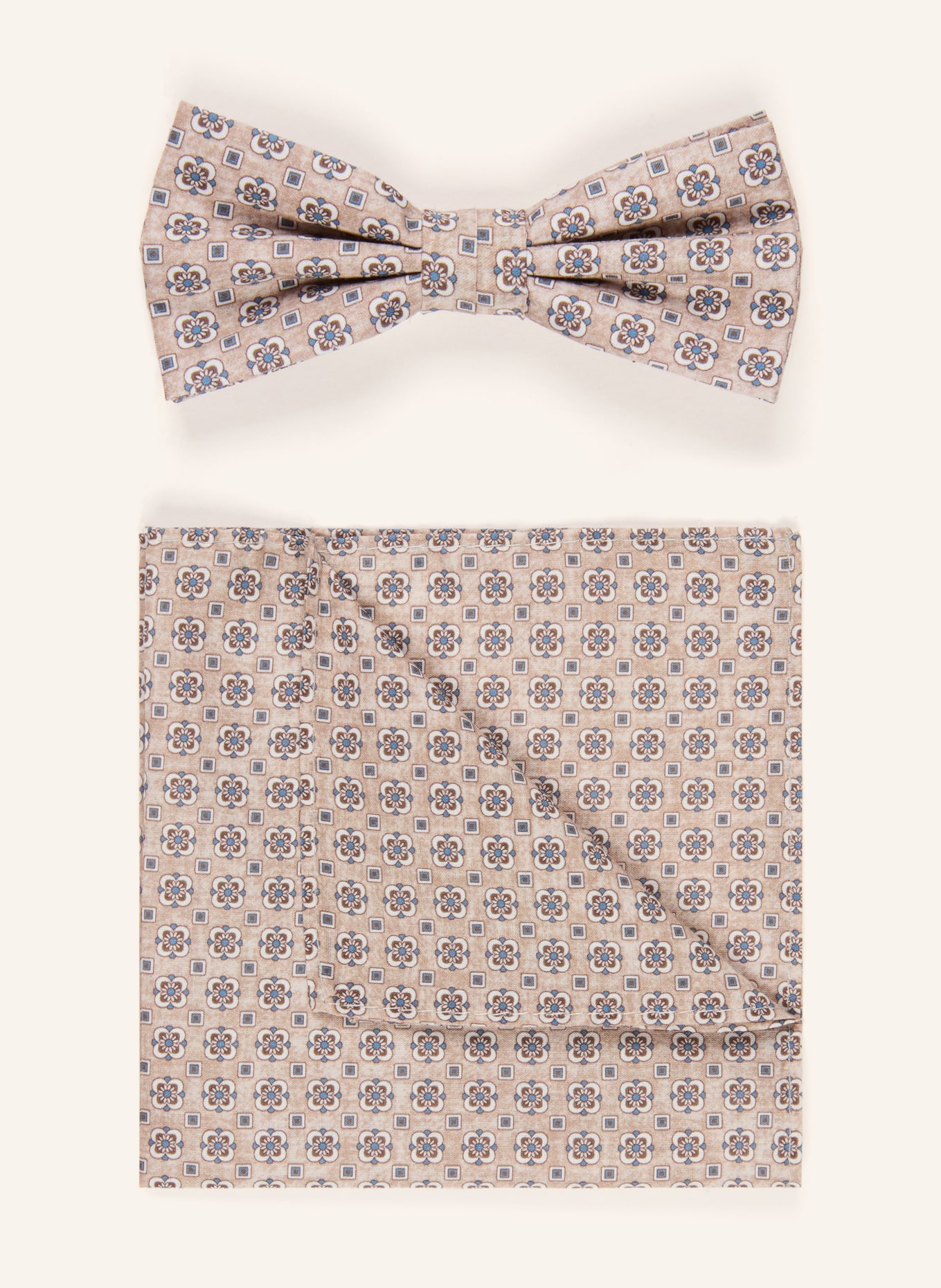Prince BOWTIE Set: Fliege und Einstecktuch: BEIGE / BLAU / WEISS