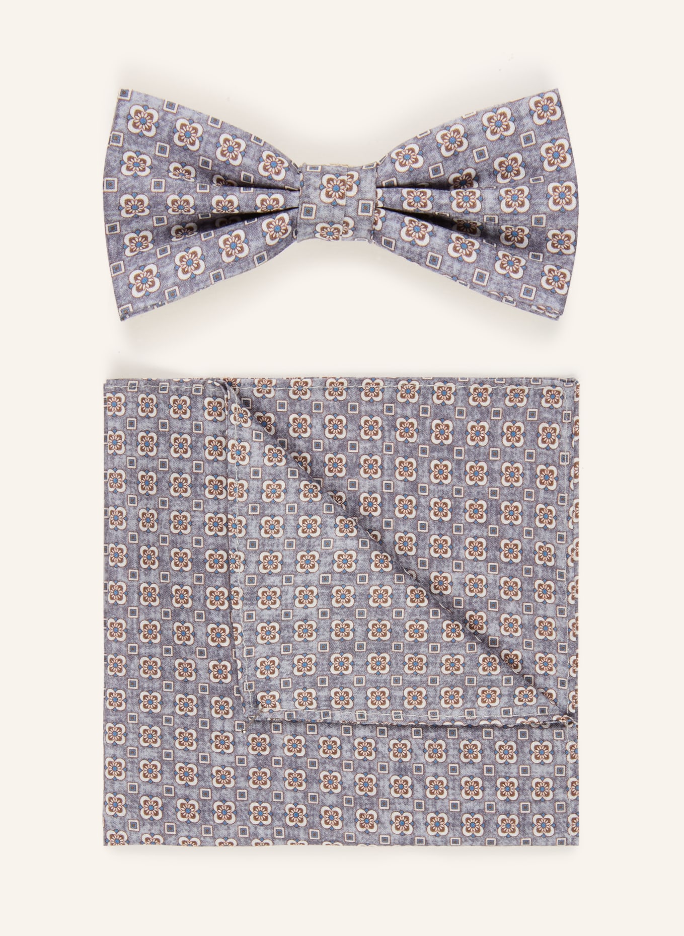 Prince BOWTIE Set: Fliege und Einstecktuch: GRAU / BRAUN / HELLBLAU