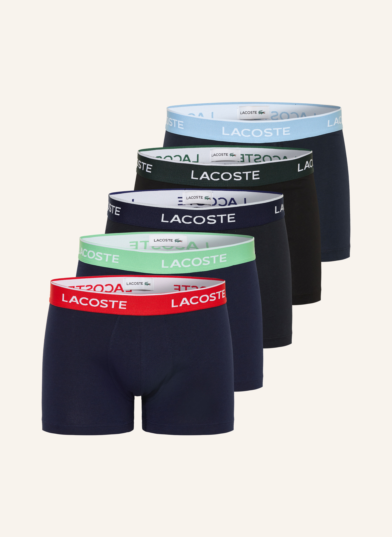 LACOSTE 5-pak bokserek: GRANATOWY / JASNOZIELONY / JASNONIEBIESKI
