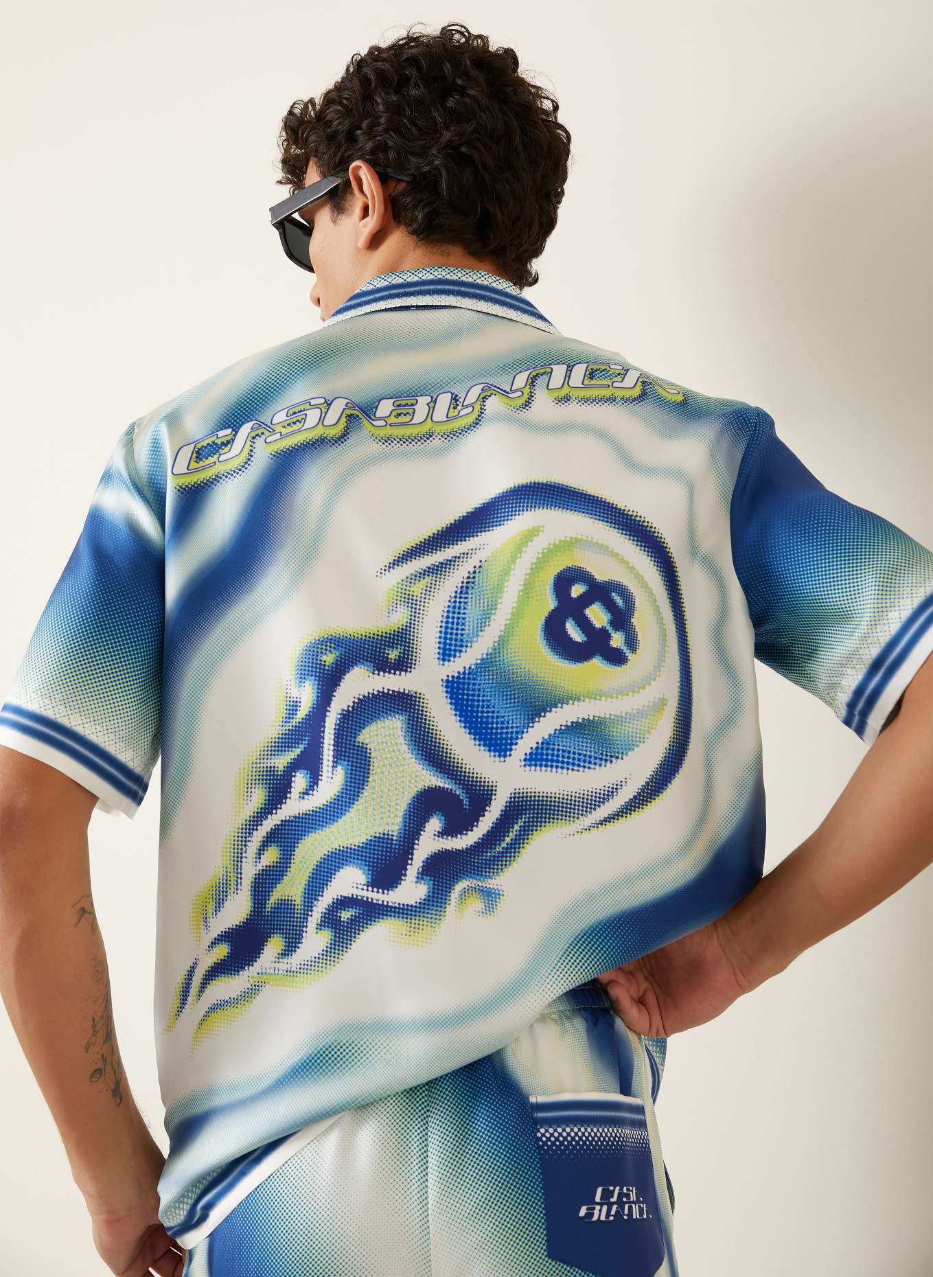 Casablanca Resorthemd FLAMING TENNIS BALL Comfort Fit aus Seide: BLAU / NEONGRÜN / WEISS