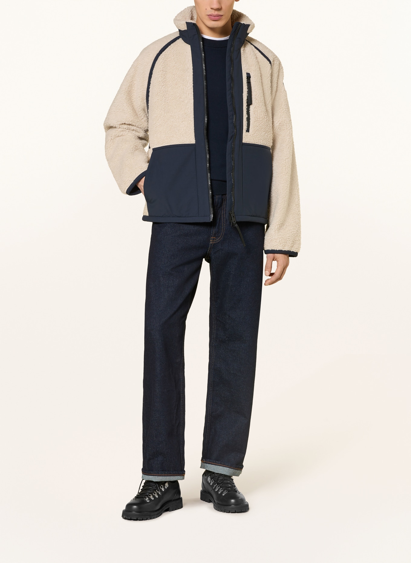 CANADA GOOSE Teddyfell-Jacke im Materialmix: CREME / DUNKELBLAU