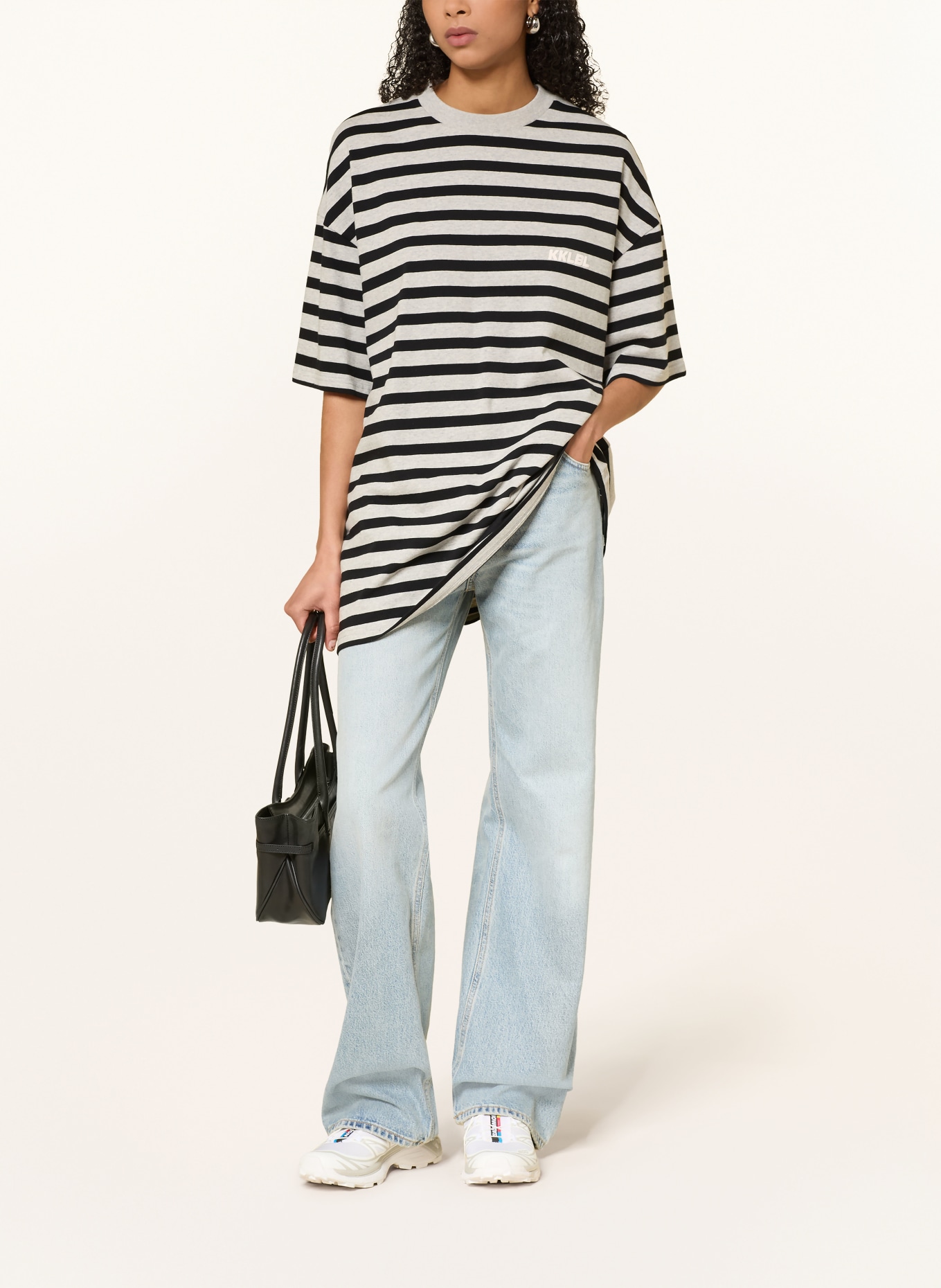 KARO KAUER Oversized-Shirt mit 3/4-Arm: GRAU / SCHWARZ