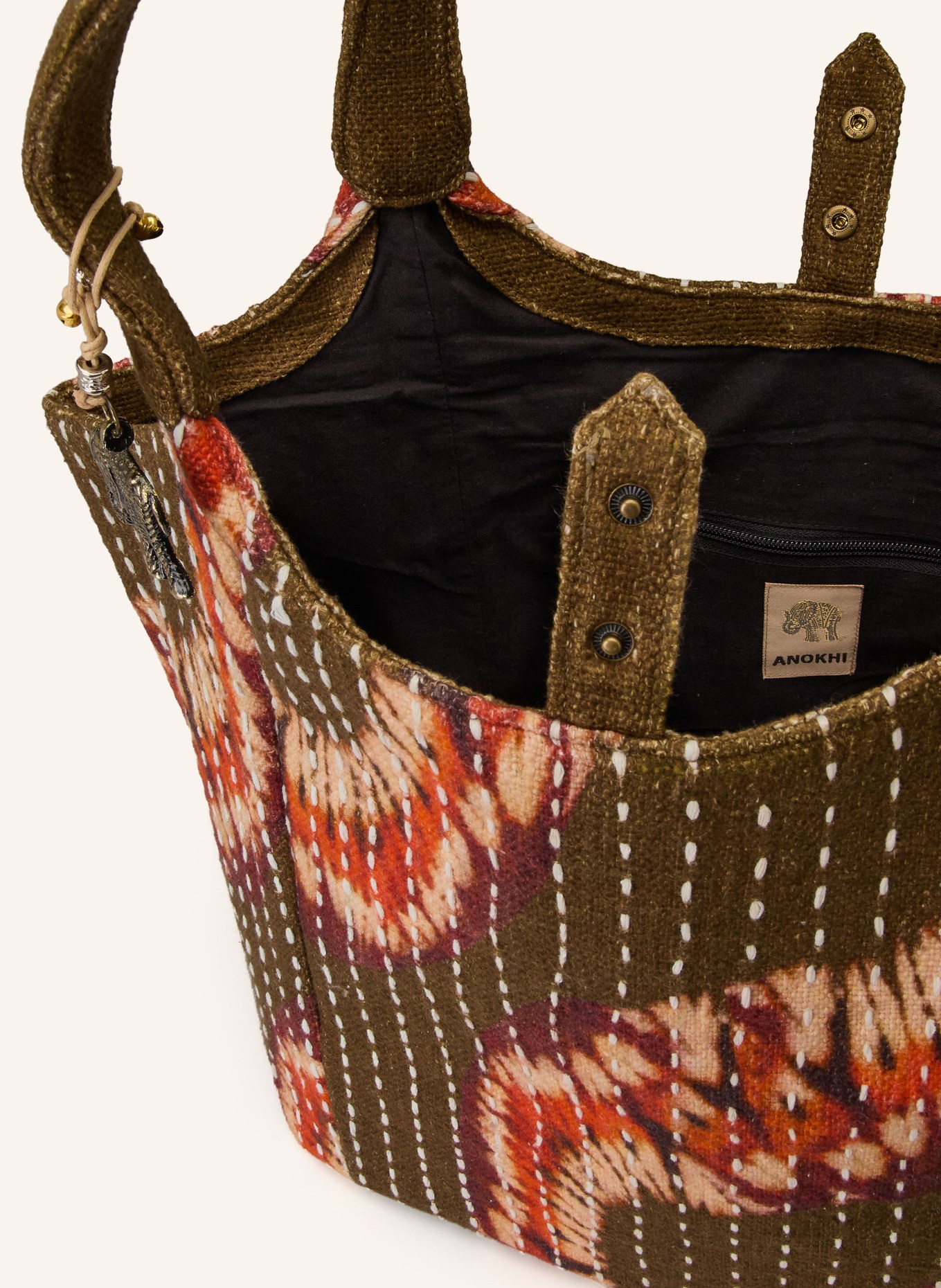 ANOKHI Sac cabas CHEYENNE LARGE: OLIVE / ÉCRU / ORANGE