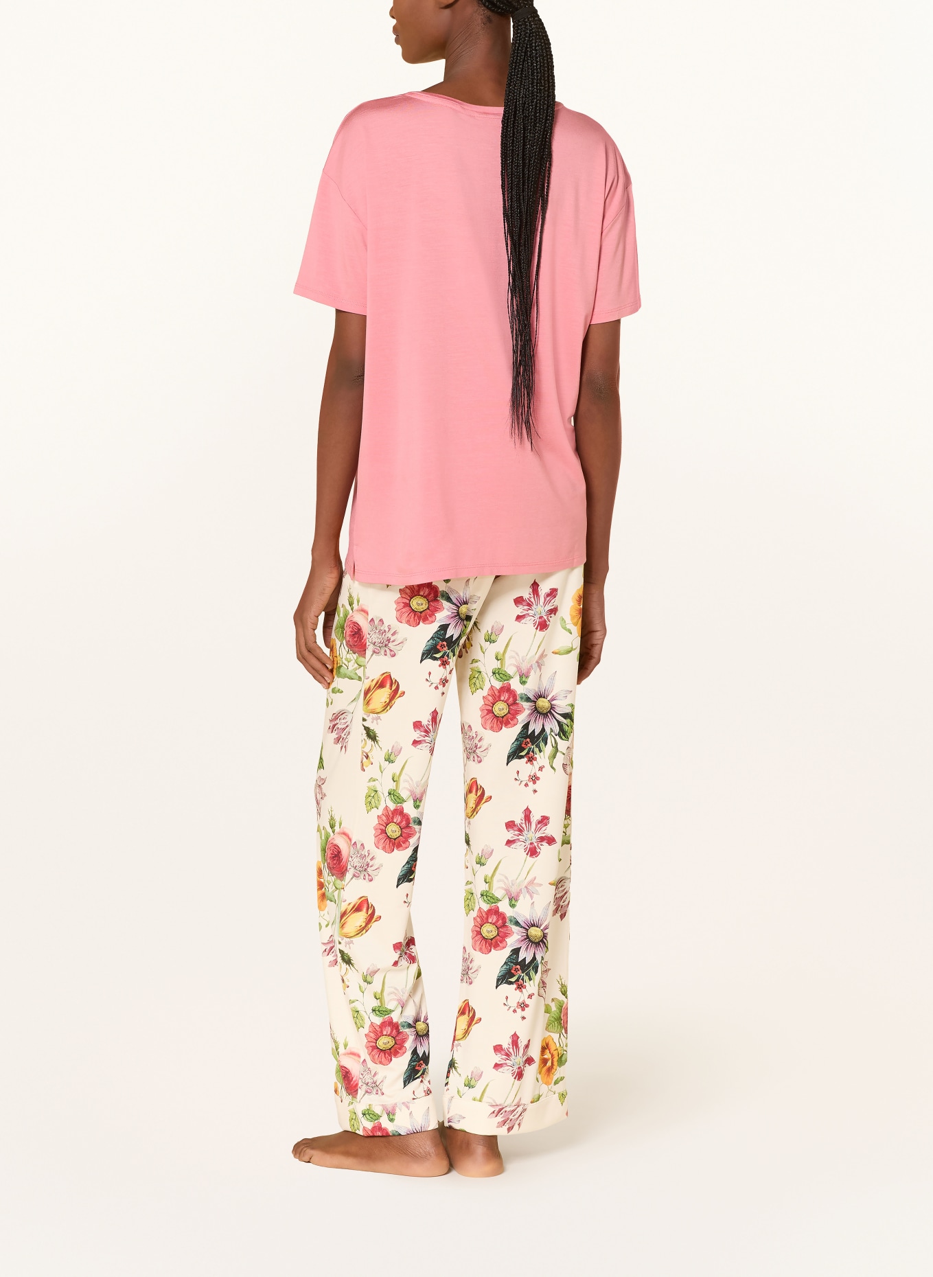 ESSENZA Spací kalhoty NORA FLOREA: KRÉMOVÁ / TMAVĚ ČERVENÁ / ZELENÁ